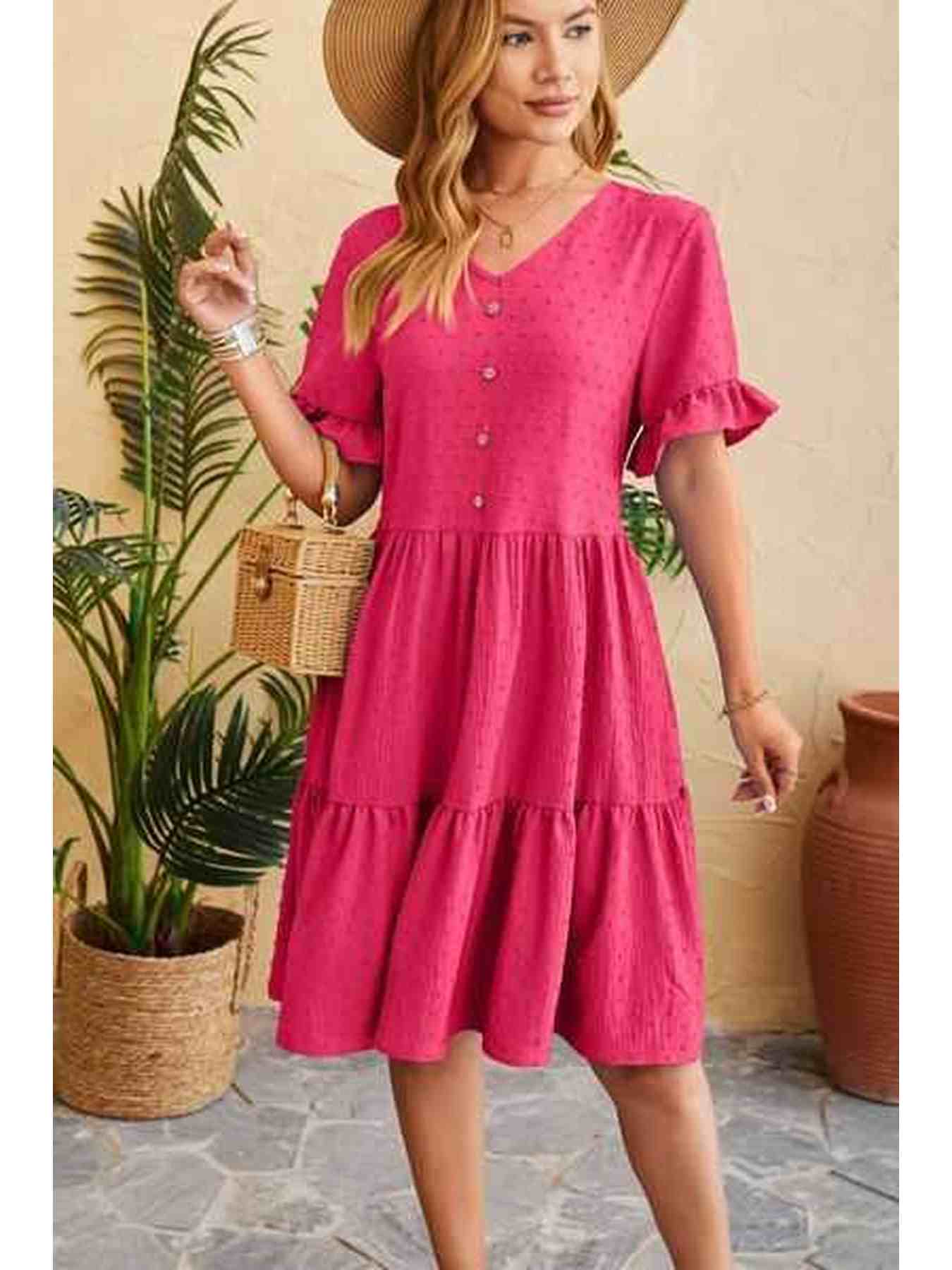 Swiss Dot Ruffled V-Neck Tiered Dress -- 