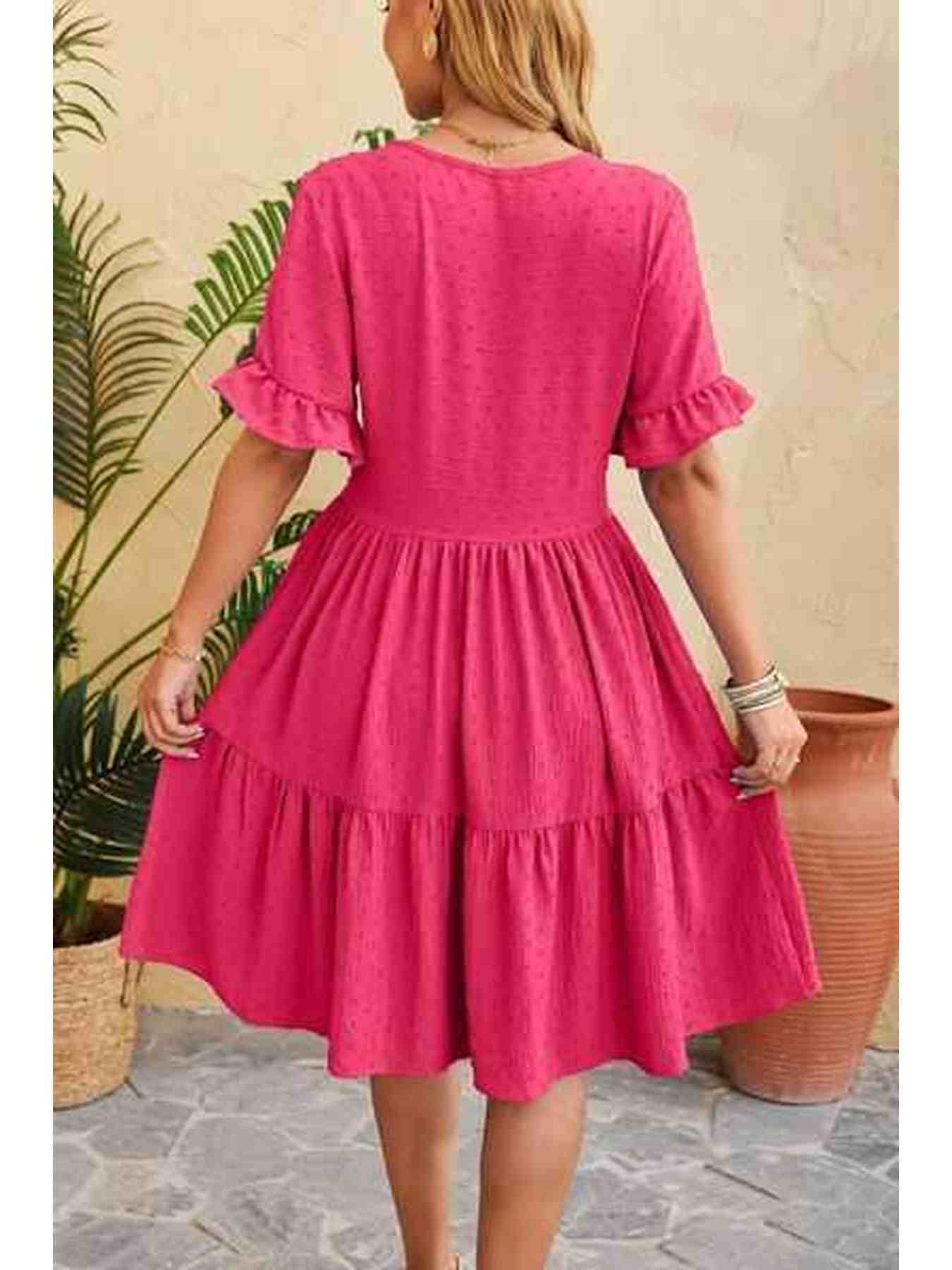 Swiss Dot Ruffled V-Neck Tiered Dress -- 