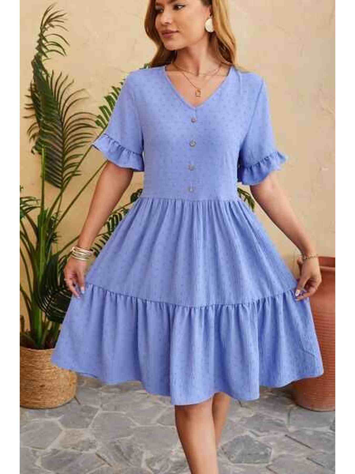 Swiss Dot Ruffled V-Neck Tiered Dress -- 