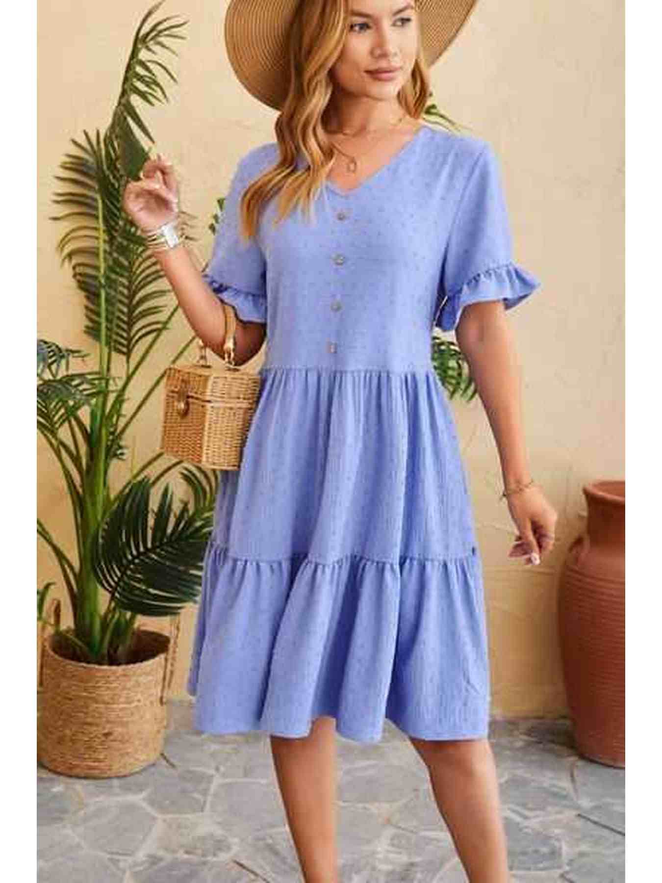 Swiss Dot Ruffled V-Neck Tiered Dress -- 