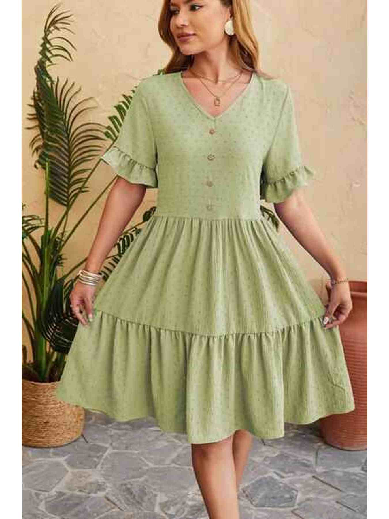 Swiss Dot Ruffled V-Neck Tiered Dress -- 