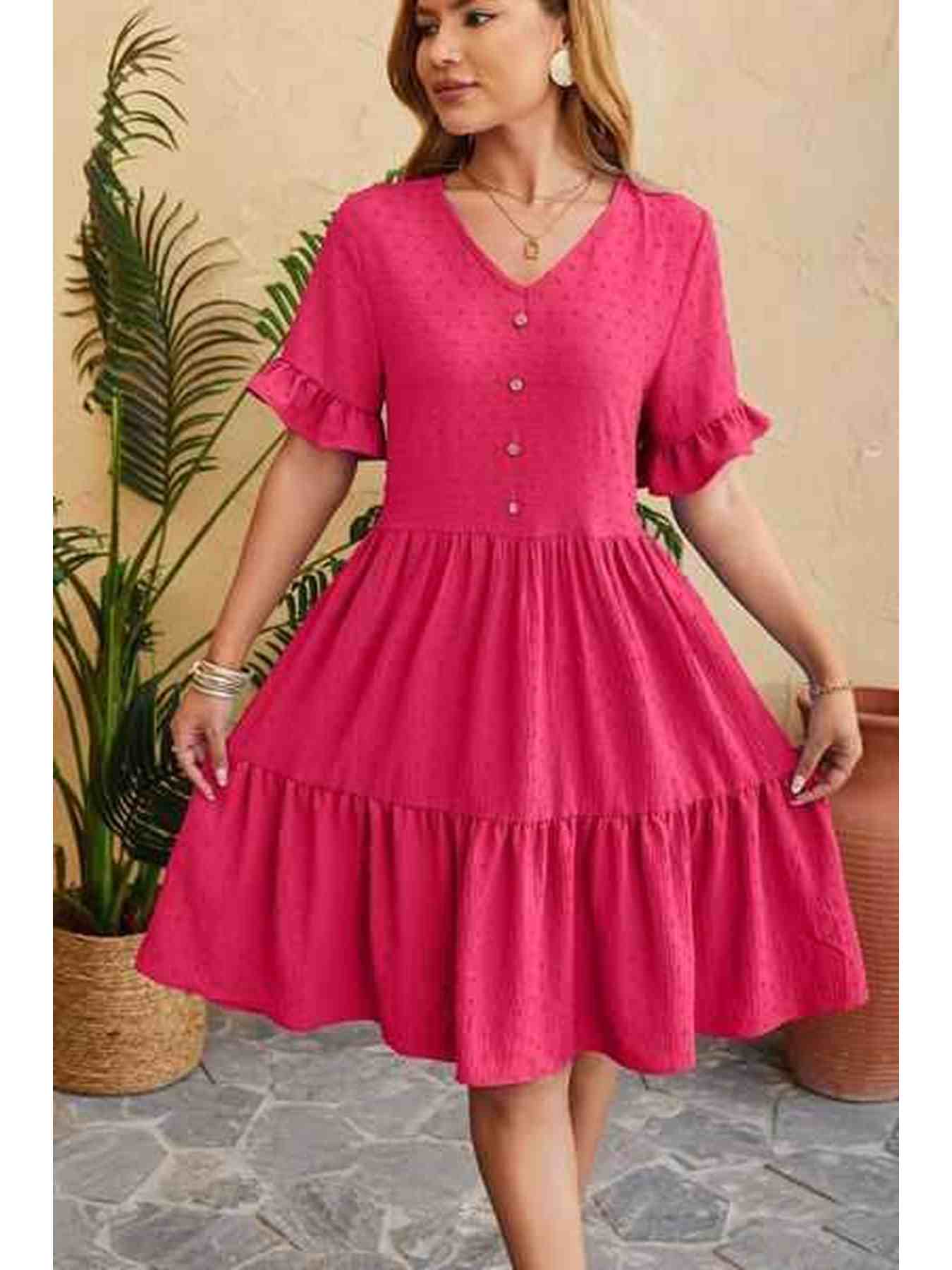 Swiss Dot Ruffled V-Neck Tiered Dress -- 