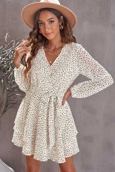 Tied Polka Dot Balloon Sleeve Layered Dress in Ivory