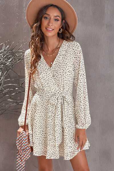 Tied Polka Dot Balloon Sleeve Layered Dress in Ivory