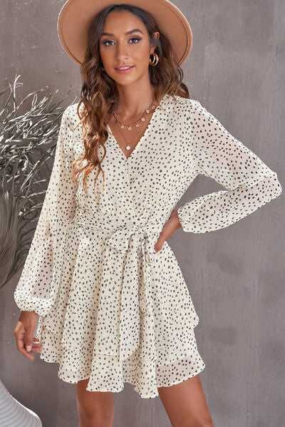 Tied Polka Dot Balloon Sleeve Layered Dress in Ivory