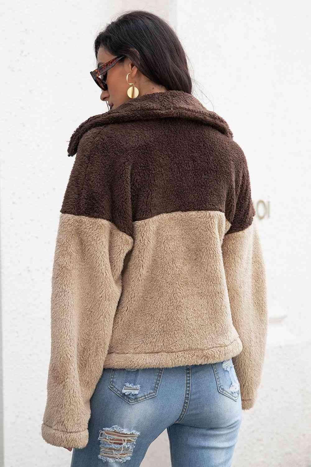 Two-Tone Collared Neck Fuzzy Jacket -- 