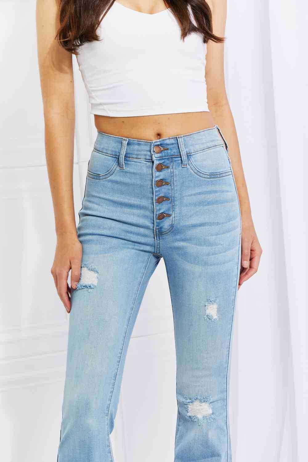 Vibrant MIU Full Size Jess Button Flare Jeans -- 