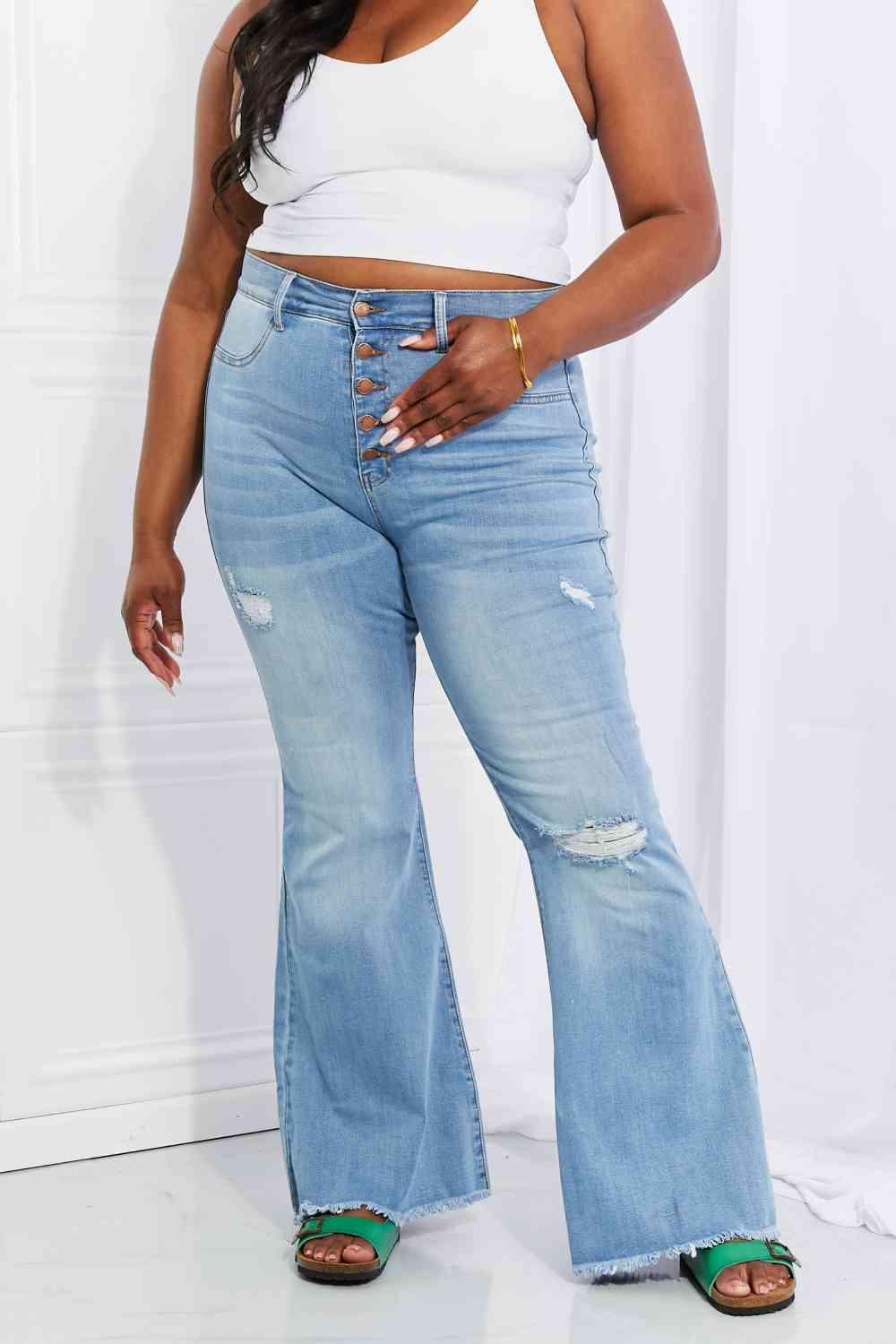 Vibrant MIU Full Size Jess Button Flare Jeans -- 