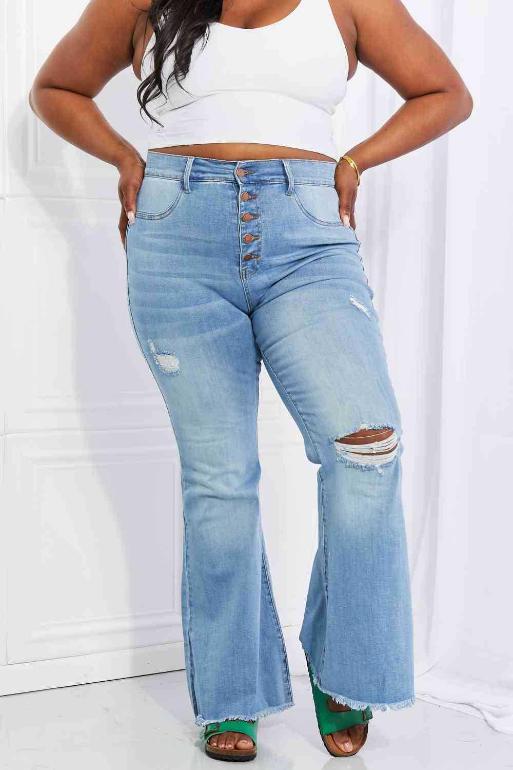 Vibrant MIU Full Size Jess Button Flare Jeans -- 