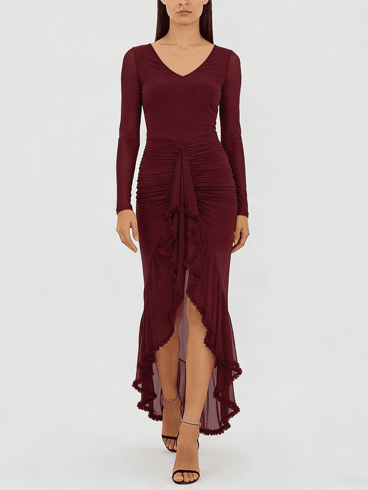 Woman wearing a wine red long sleeve V-neck ruffle skirt midi dress with sheer ruffle hem detail – modest fashion by Hopeford Streams