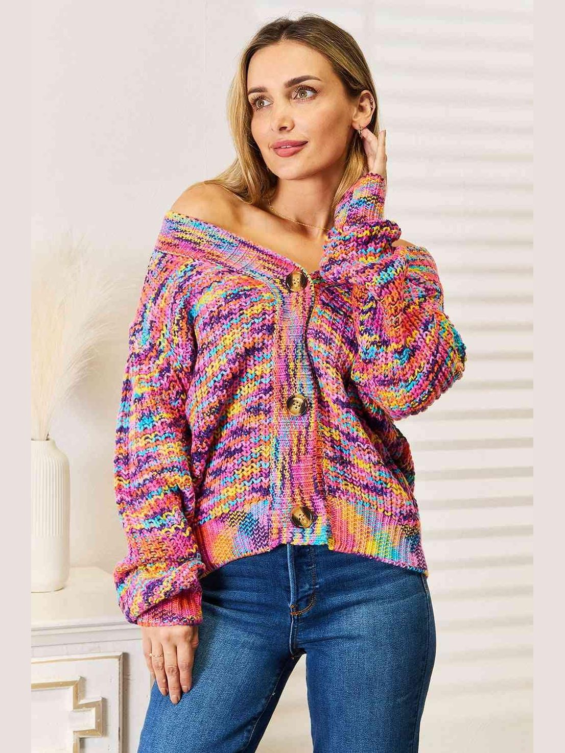 Woven Right V-Neck Long Sleeve Cardigan -- 