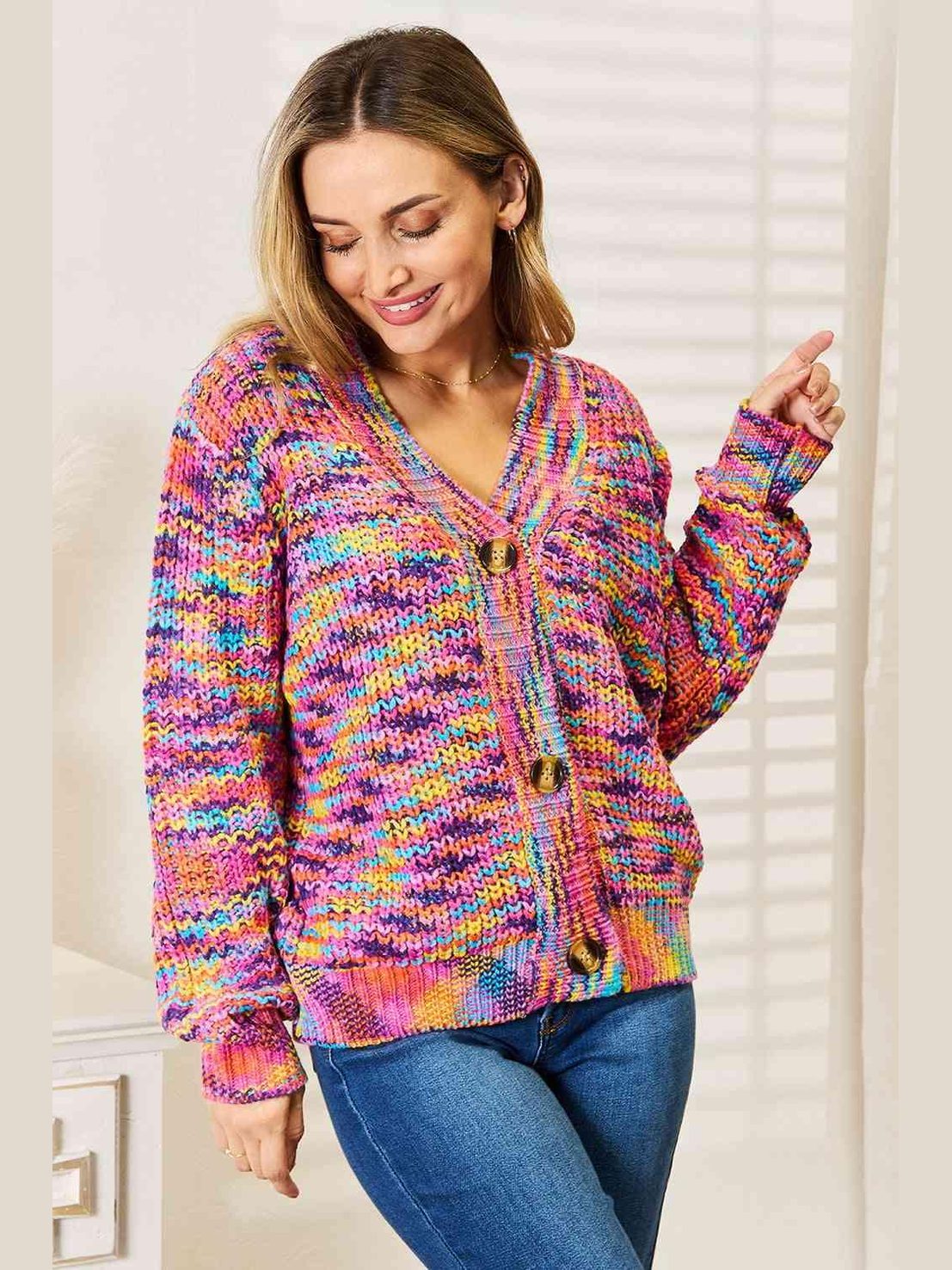Woven Right V-Neck Long Sleeve Cardigan -- 