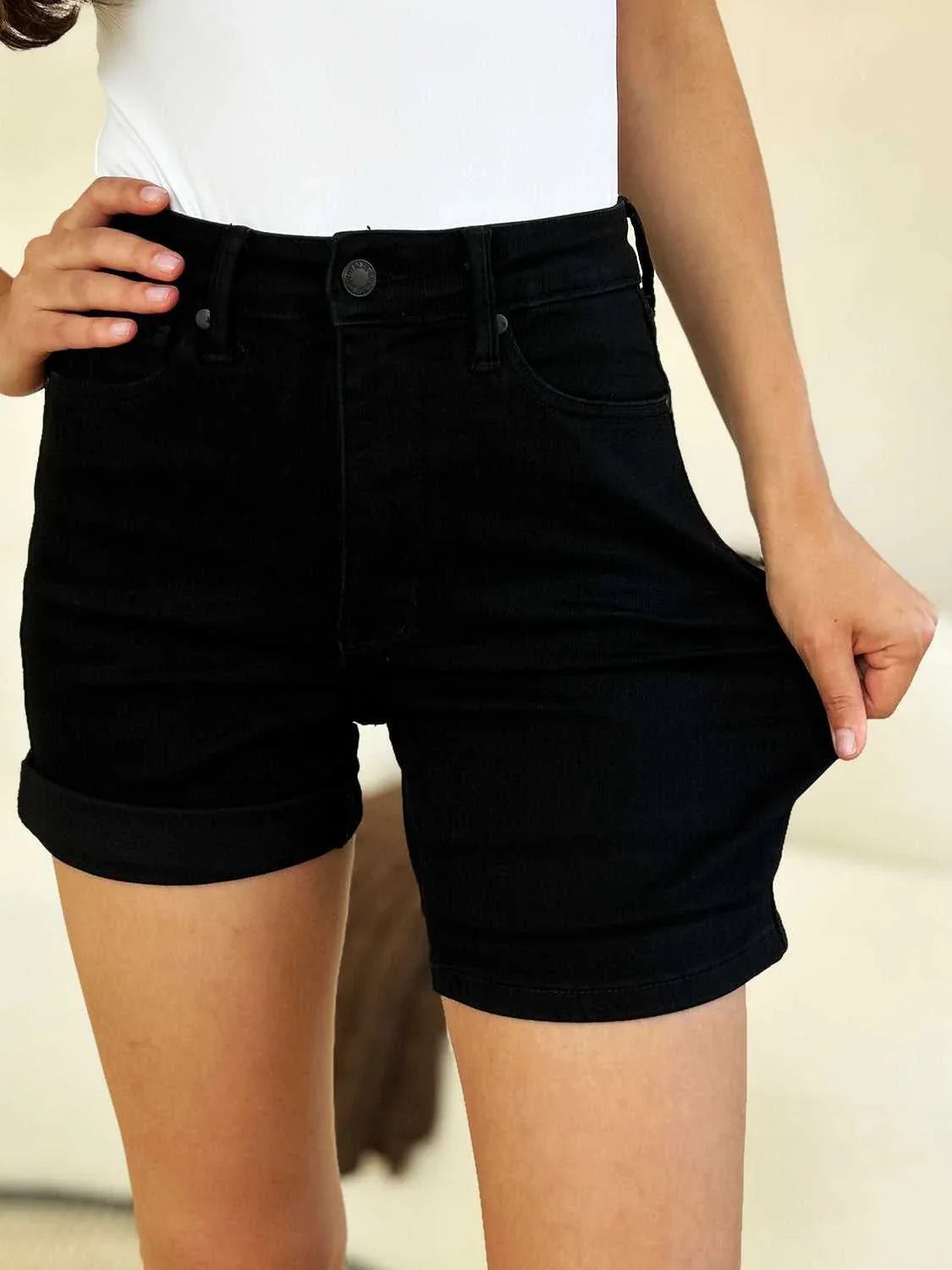 Judy Blue Full Size High Waist Tummy Control Cuffed Denim Shorts -- 