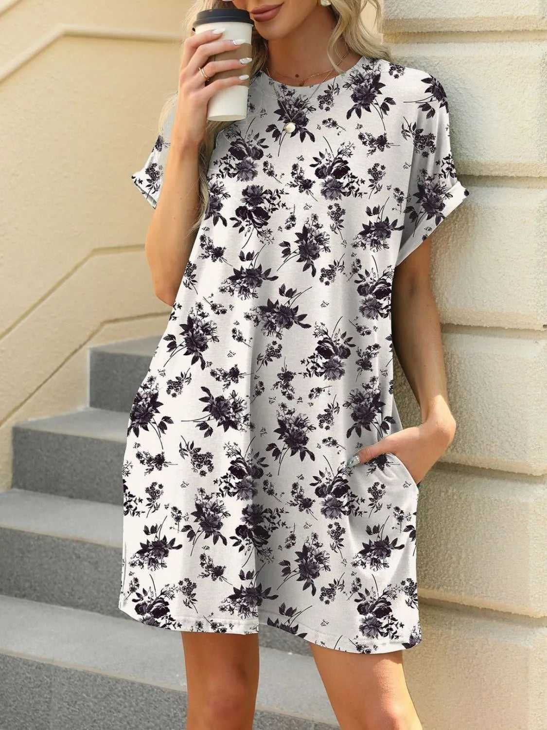 Printed Round Neck Short Sleeve Mini Dress