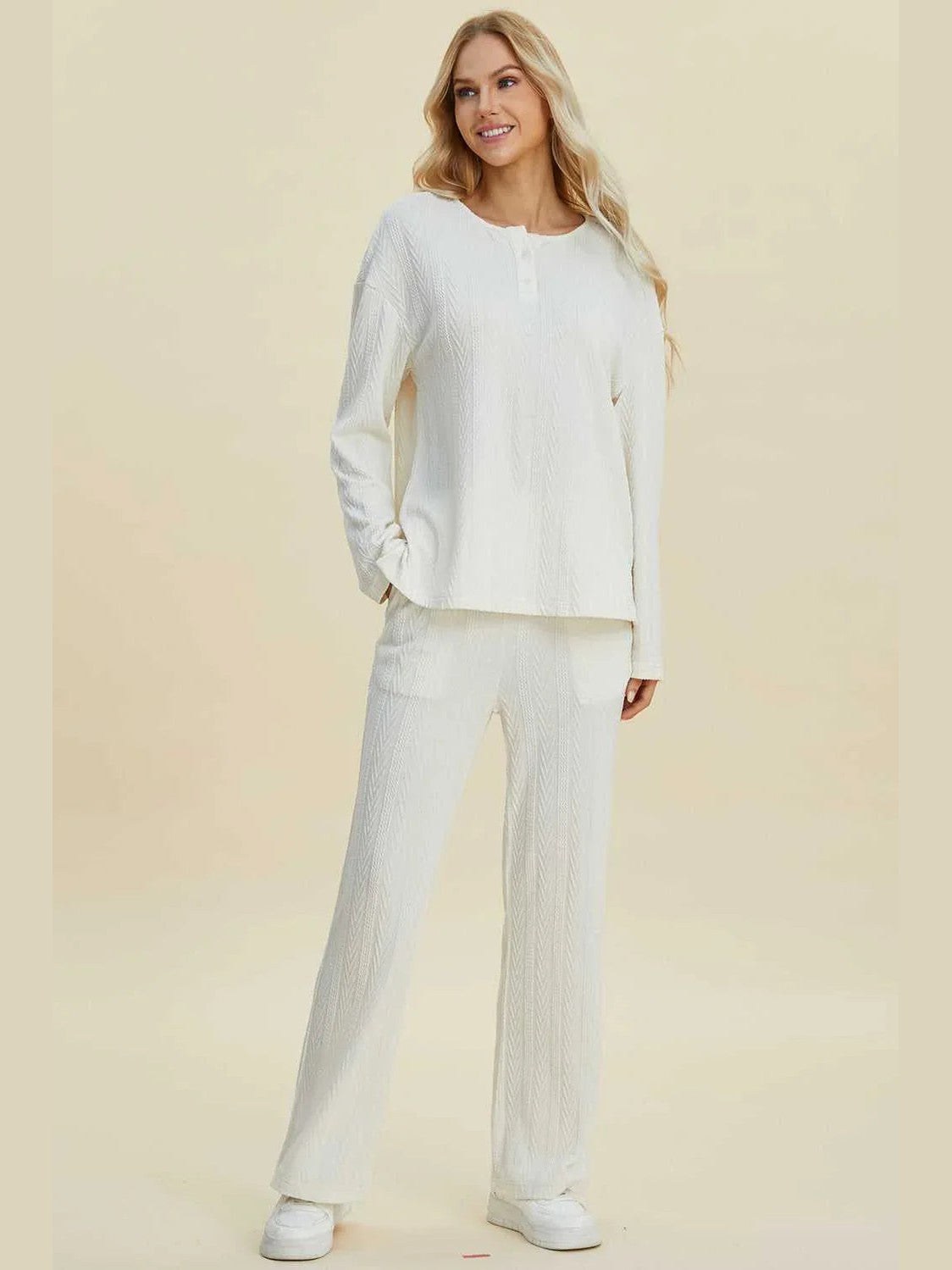 Double Take Full Size Cable-Knit Long Sleeve Top and Pants Set -- 