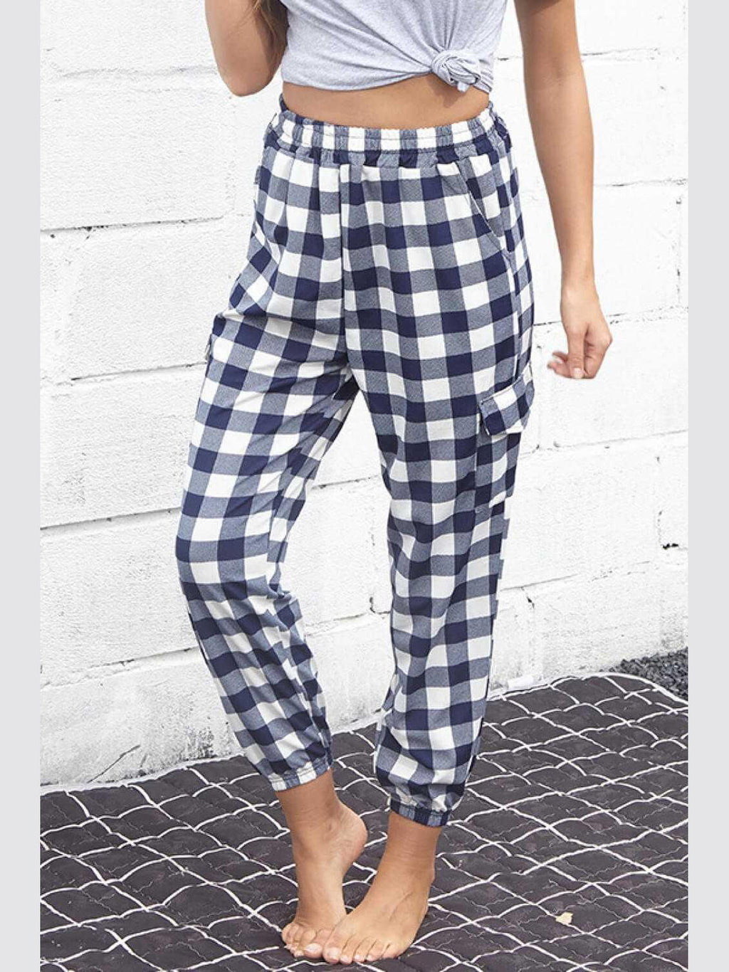 Perfee Plaid Elastic High Waist Cargo Pants -- 