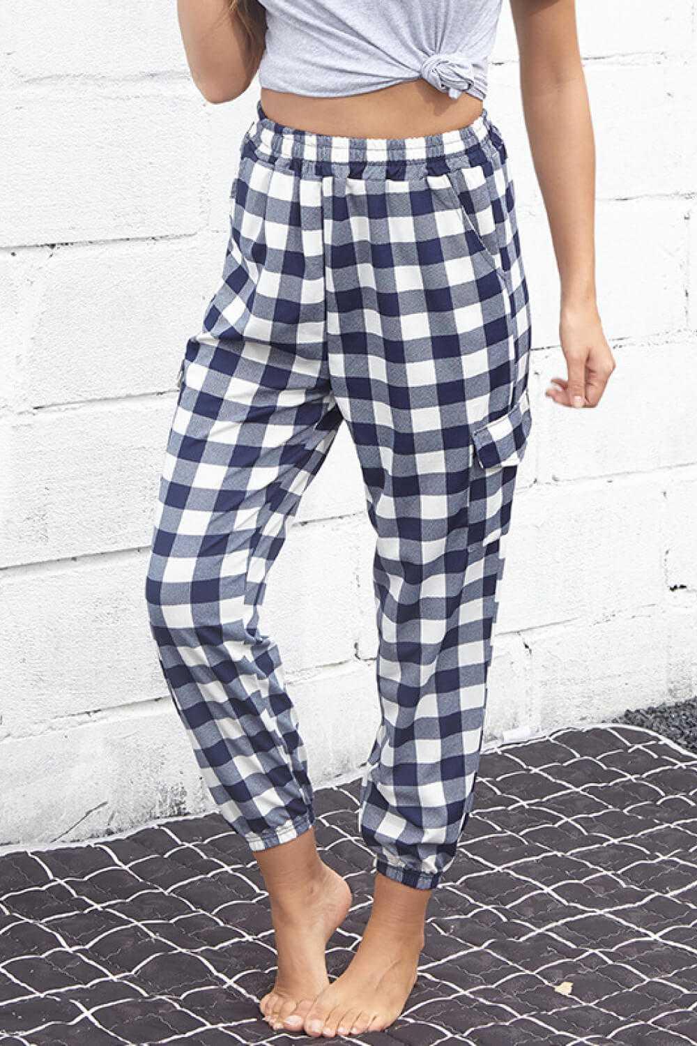 Perfee Plaid Elastic High Waist Cargo Pants -- 