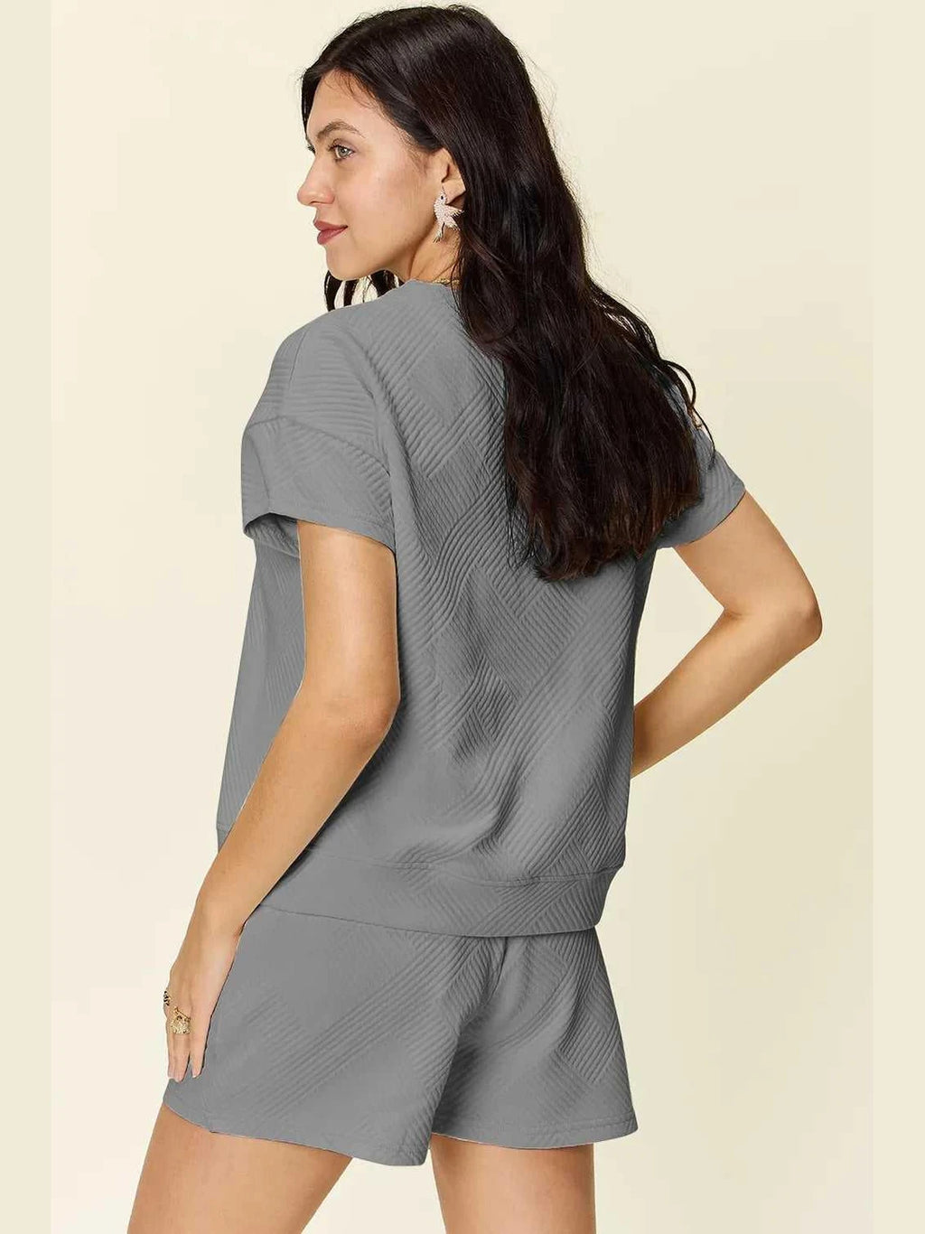 Double Take Full Size Texture Short Sleeve T-Shirt and Drawstring Shorts Set -- 