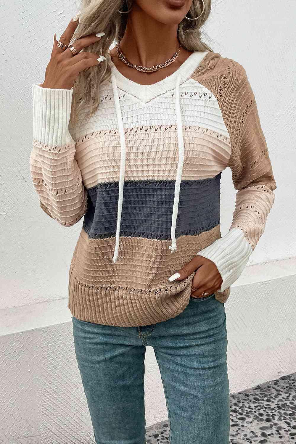 Perfee Color Block Drawstring Hooded Sweater -- 
