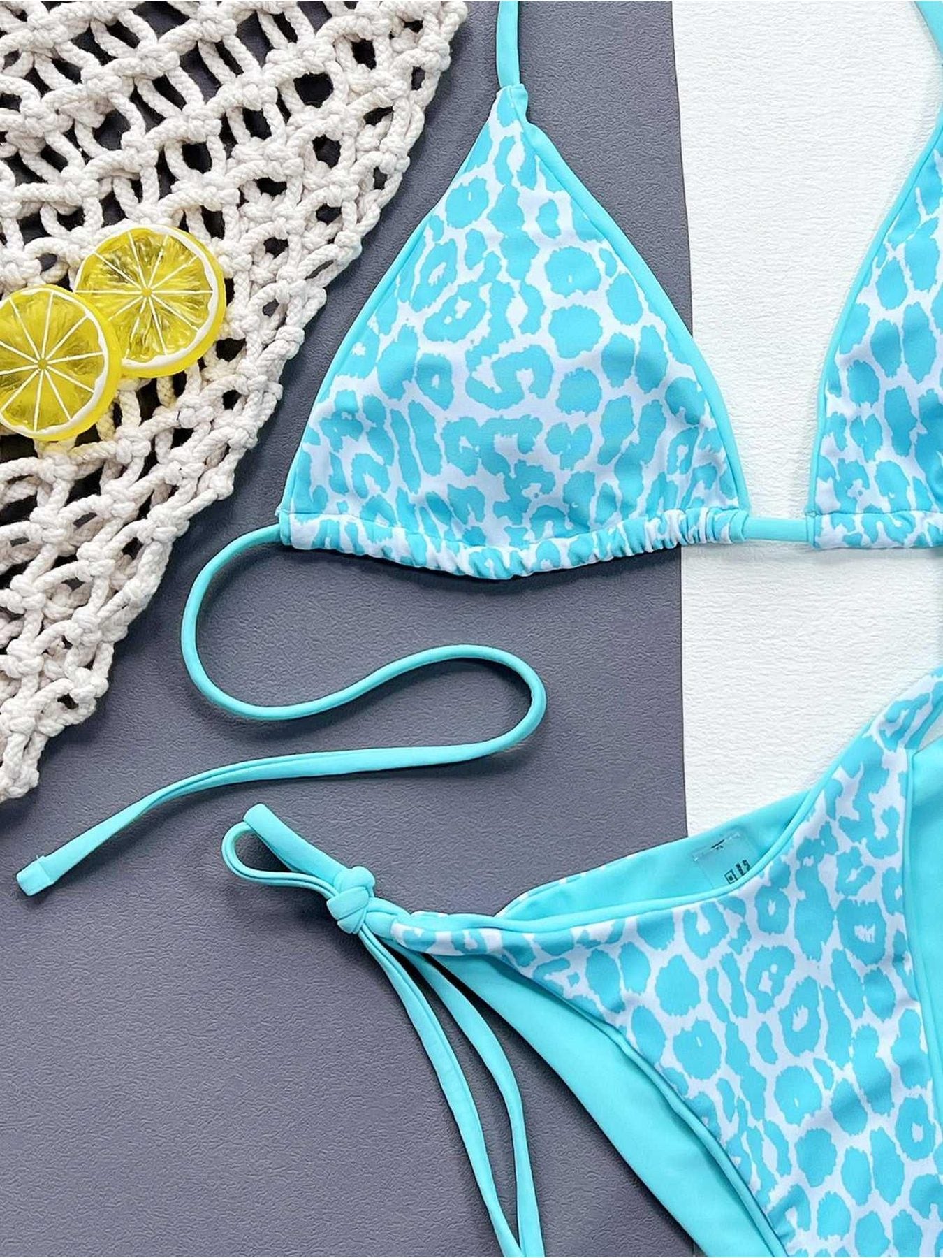 Leopard Print Halter Neck Tie Side Bikini Set -- 