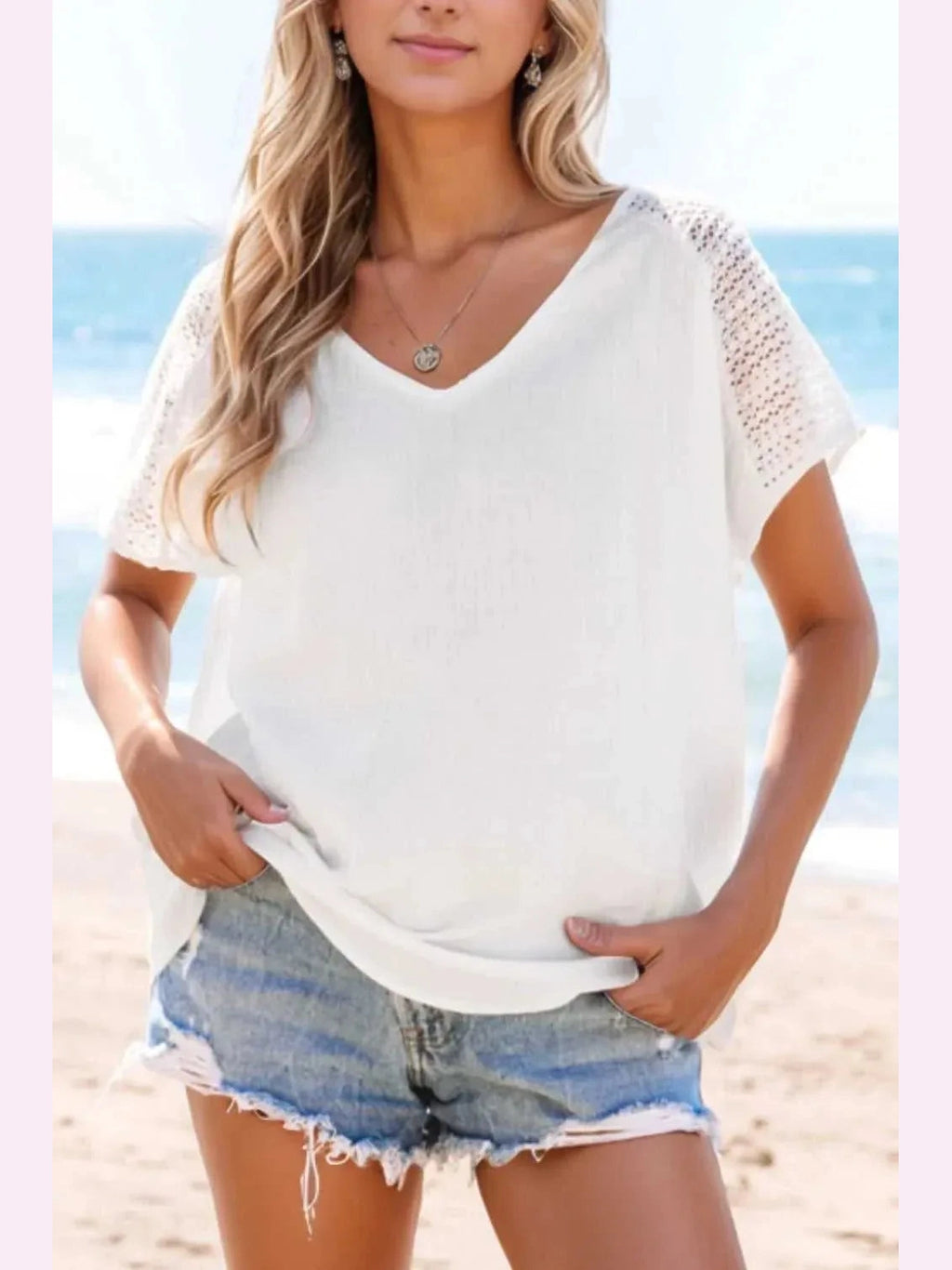 Lace Crochet Textured Button Back V Neck T Shirt -- 