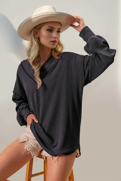 Double Take Exposed Seam Ribbed Textured V-Neck Long Sleeve T-Shirt