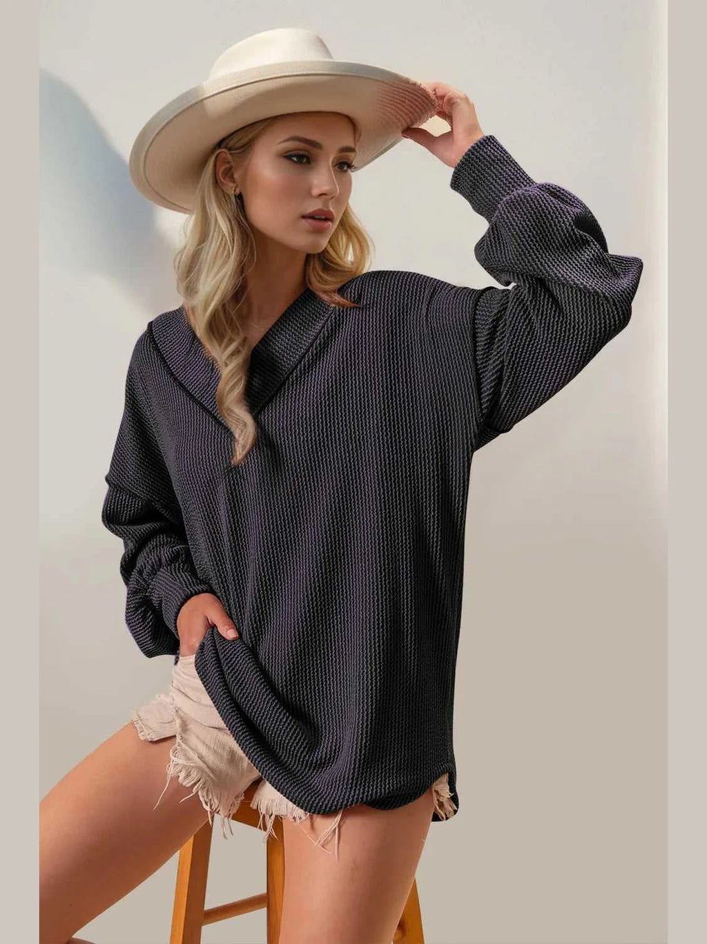 Double Take Exposed Seam Ribbed Textured V-Neck Long Sleeve T-Shirt -- 