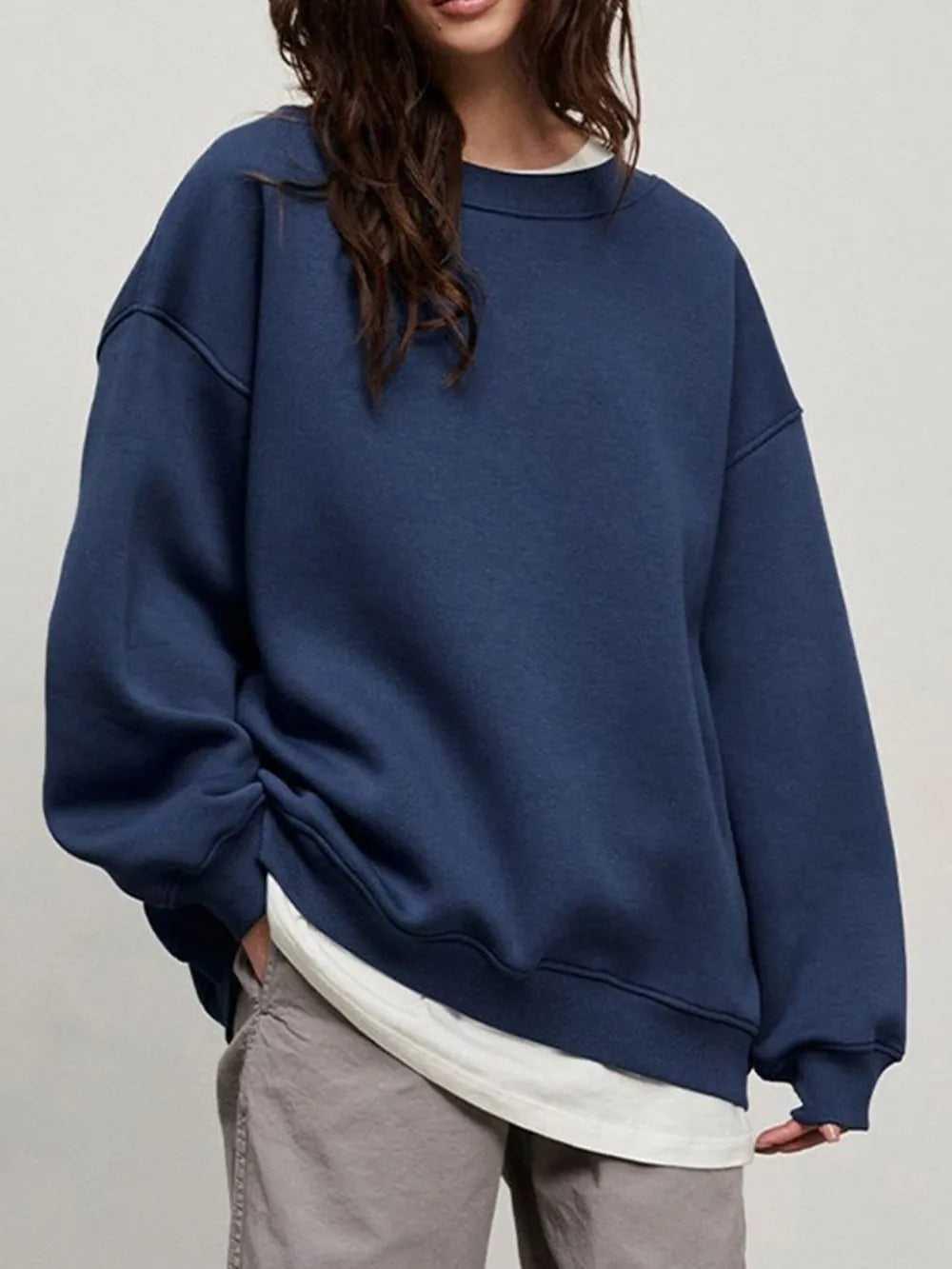 Round Neck Dropped Shoulder Long Sleeve Sweatshirt -- 