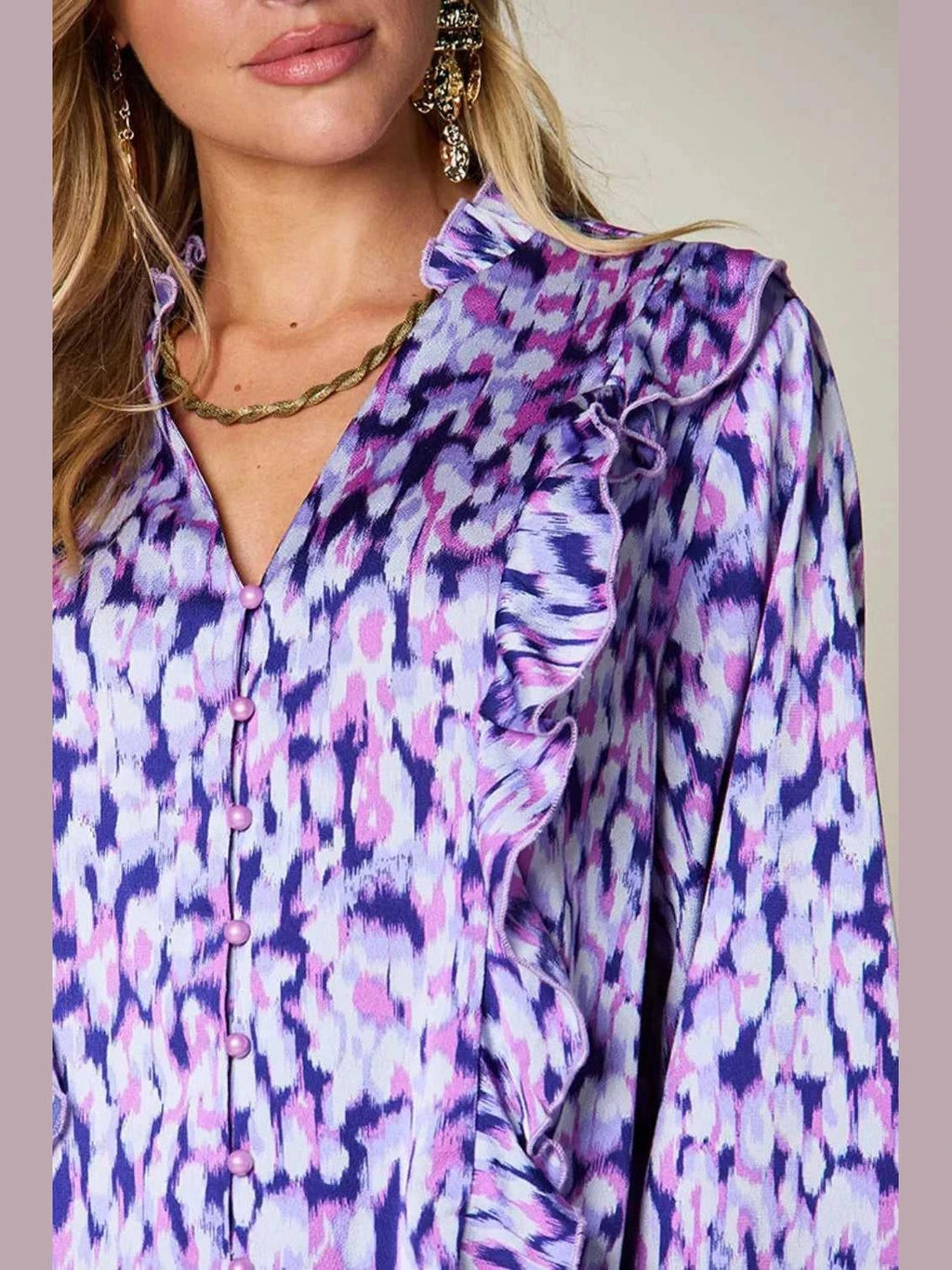 Double Take Full Size Printed Ruffle Trim Balloon Sleeve Shirt -- 