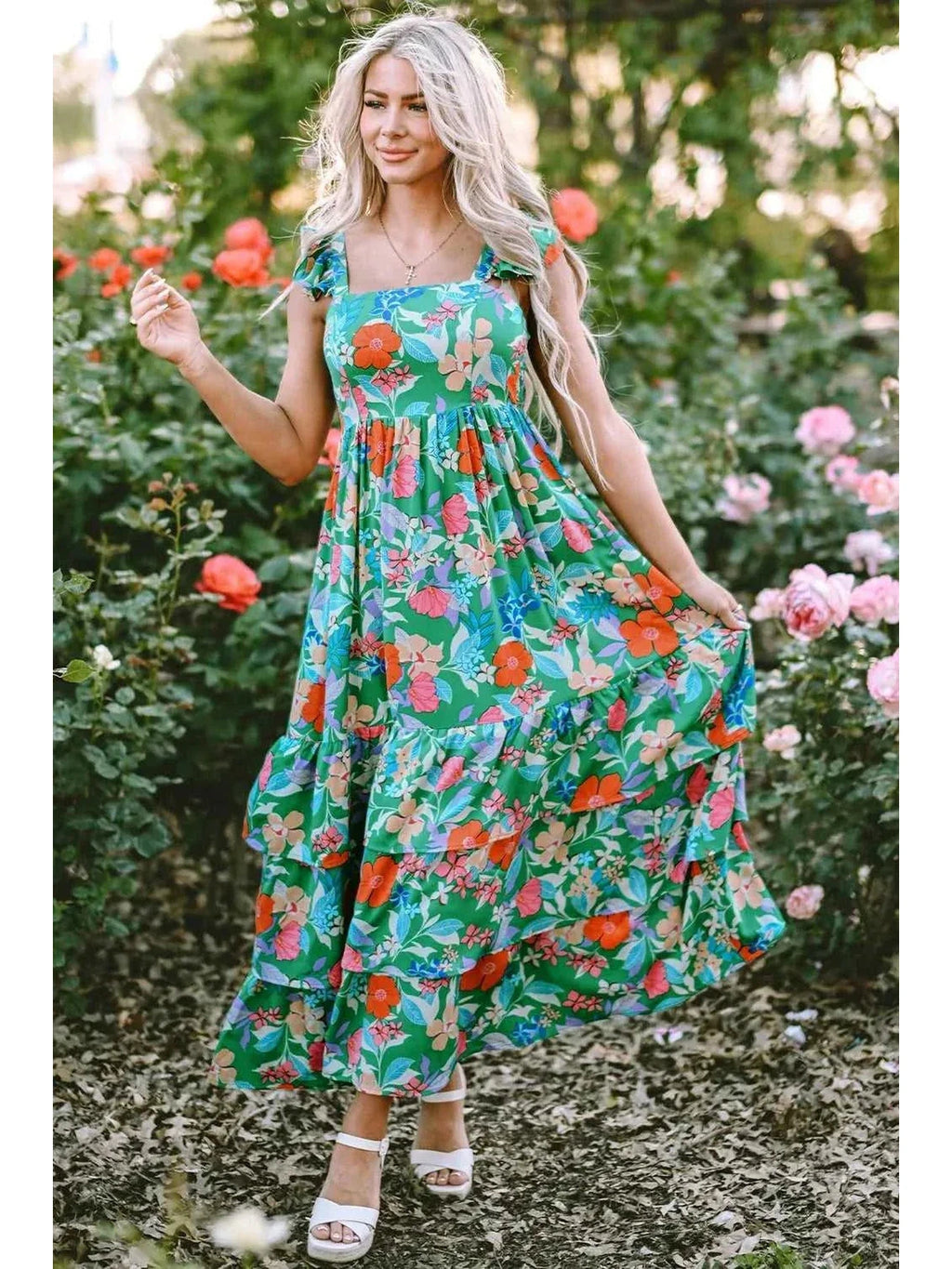 Tiered Ruffled Printed Sleeveless Dress -- 