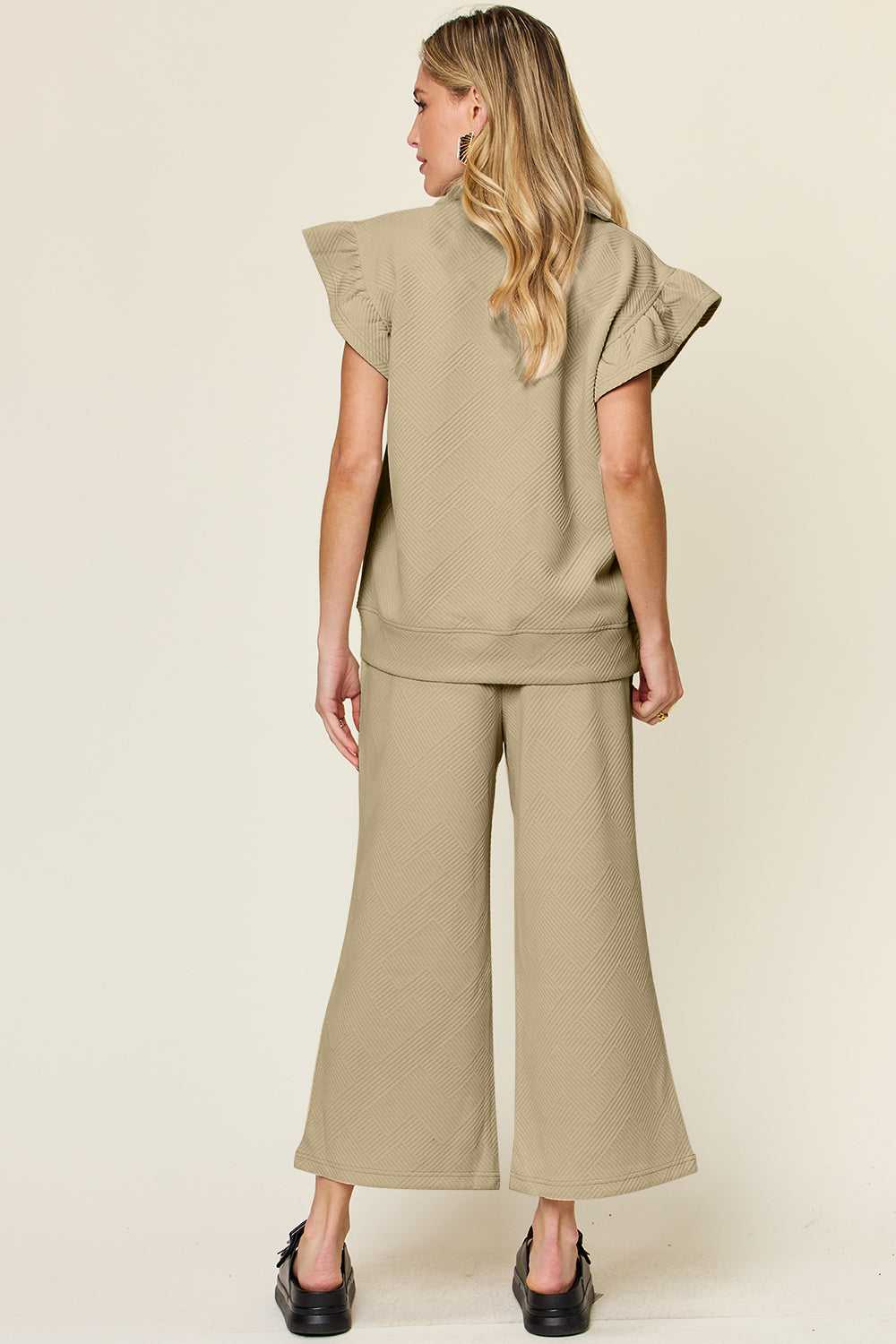 Ruffle Short Sleeve Top and Drawstring Wide Leg Pants Set