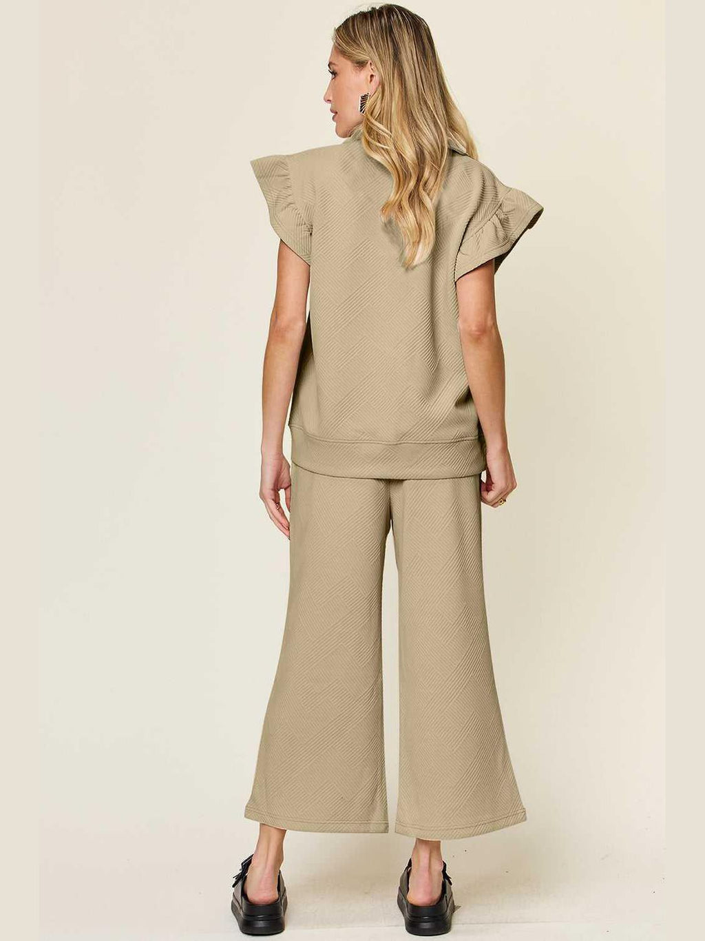 Ruffle Short Sleeve Top and Drawstring Wide Leg Pants Set -- 