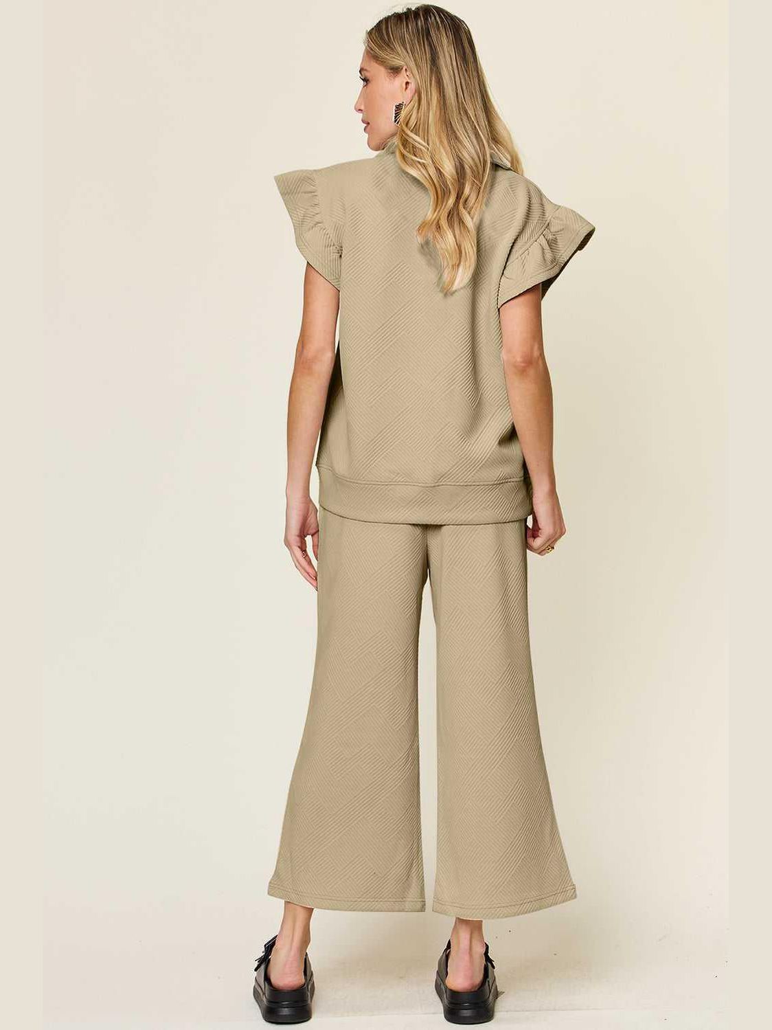 Ruffle Short Sleeve Top and Drawstring Wide Leg Pants Set -- 