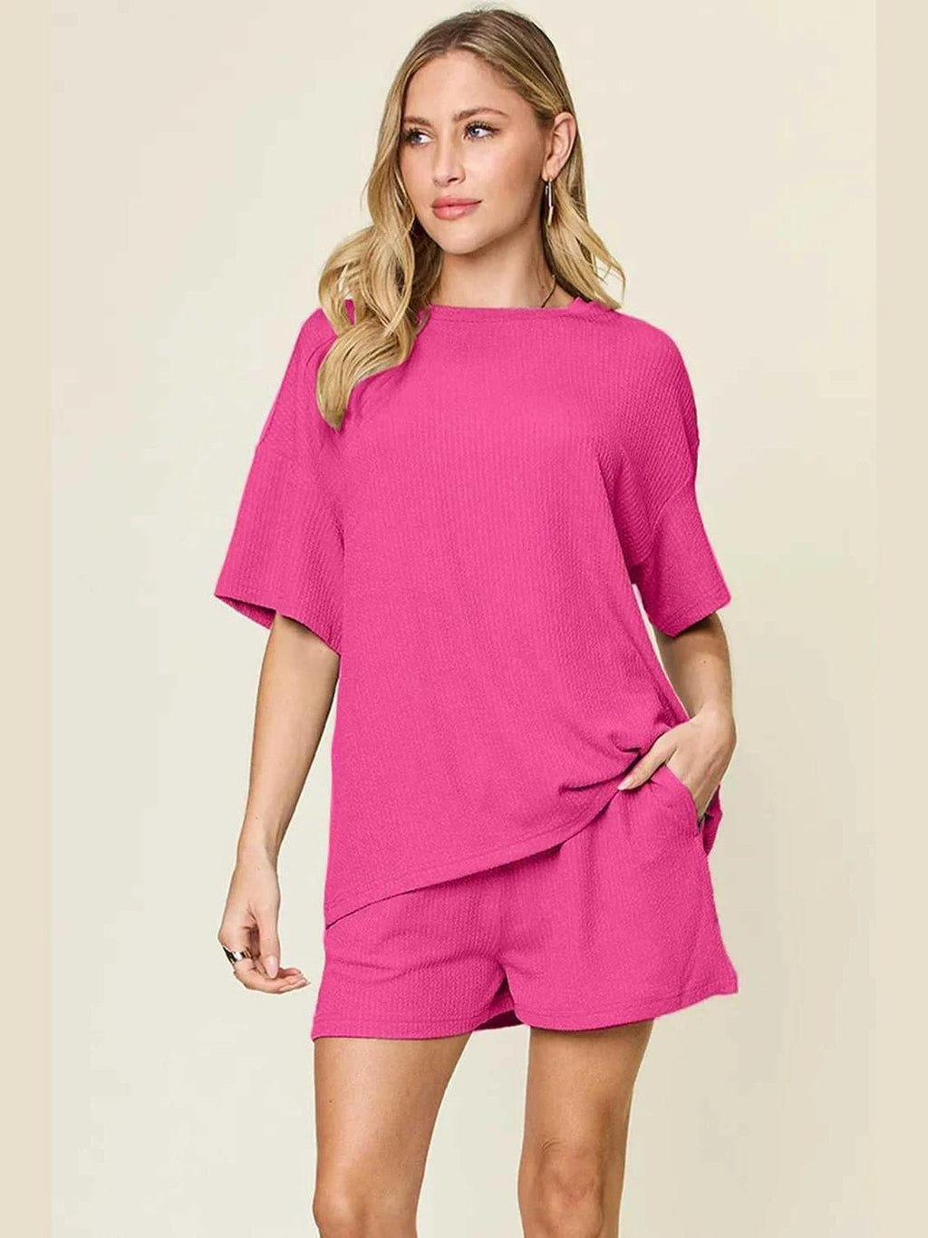 Double Take Basic style Round Neck Solid Set -- 
