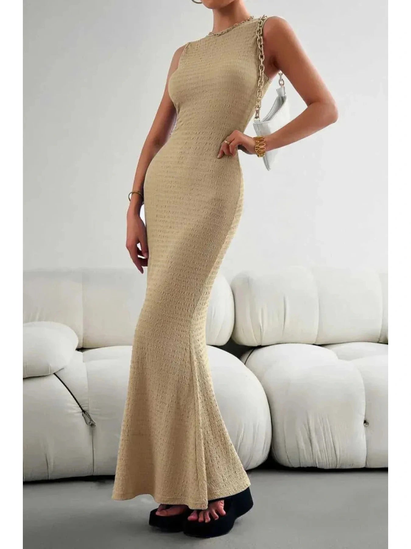 Devine Round Neck Sleeveless Maxi Fishtail Dress -- 