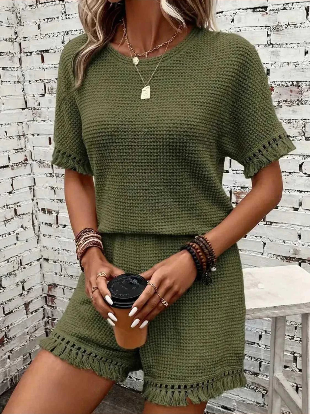 Tassel Round Neck Top and Shorts Set -- 