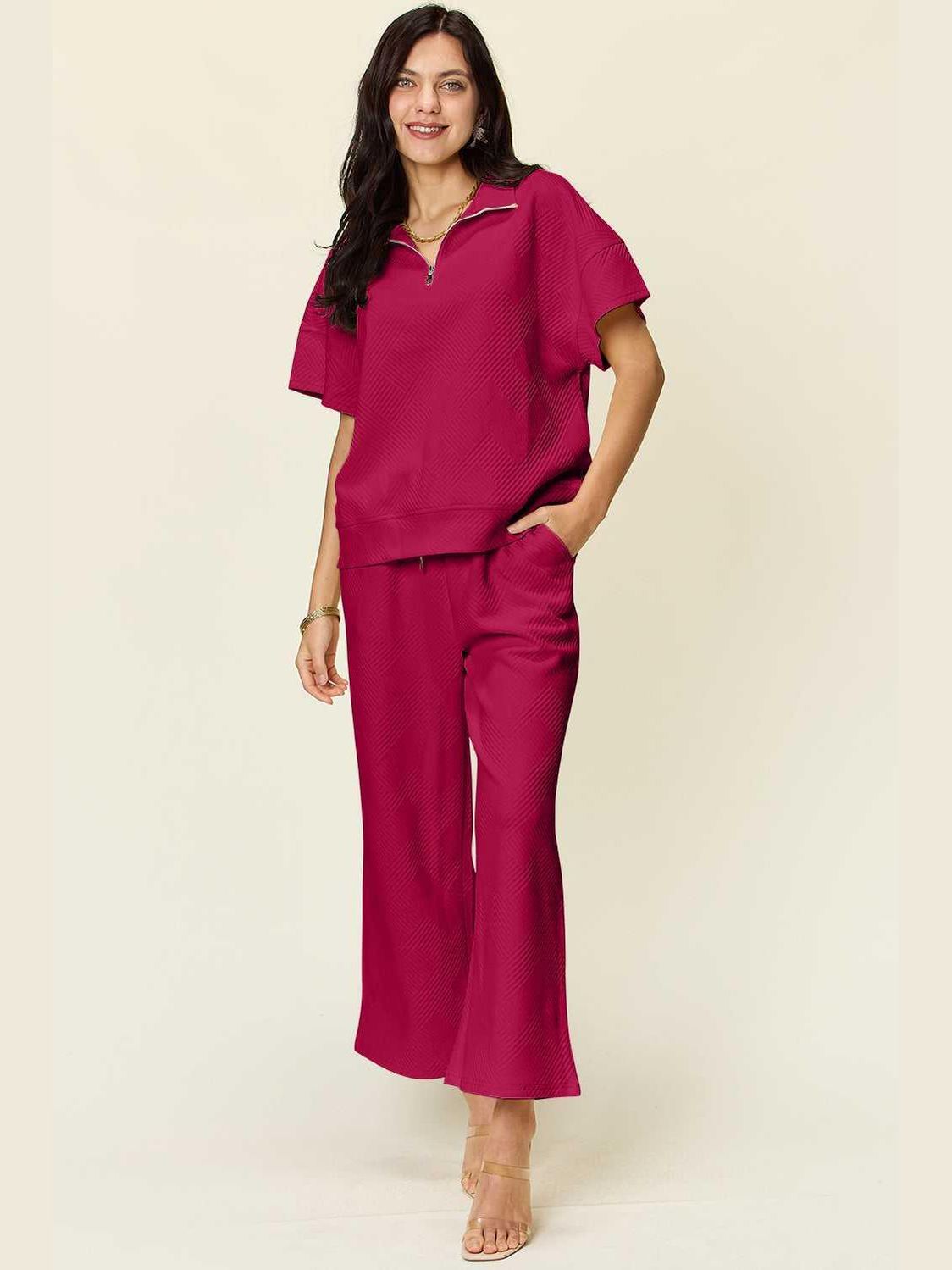 Double Take Full Size Texture Half Zip Short Sleeve Top and Pants Set -- 
