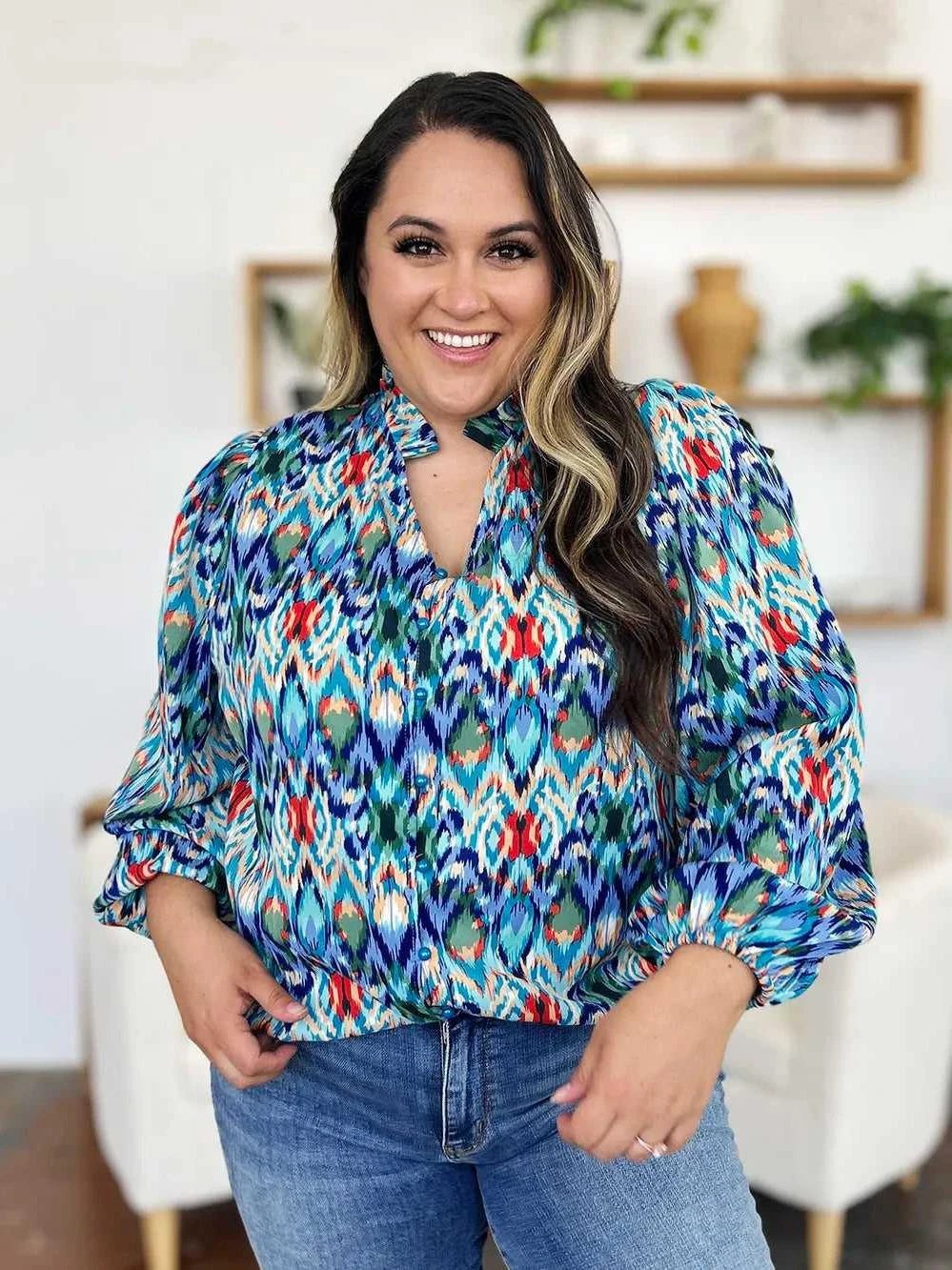 Double Take Full Size Printed Balloon Sleeve Blouse -- 