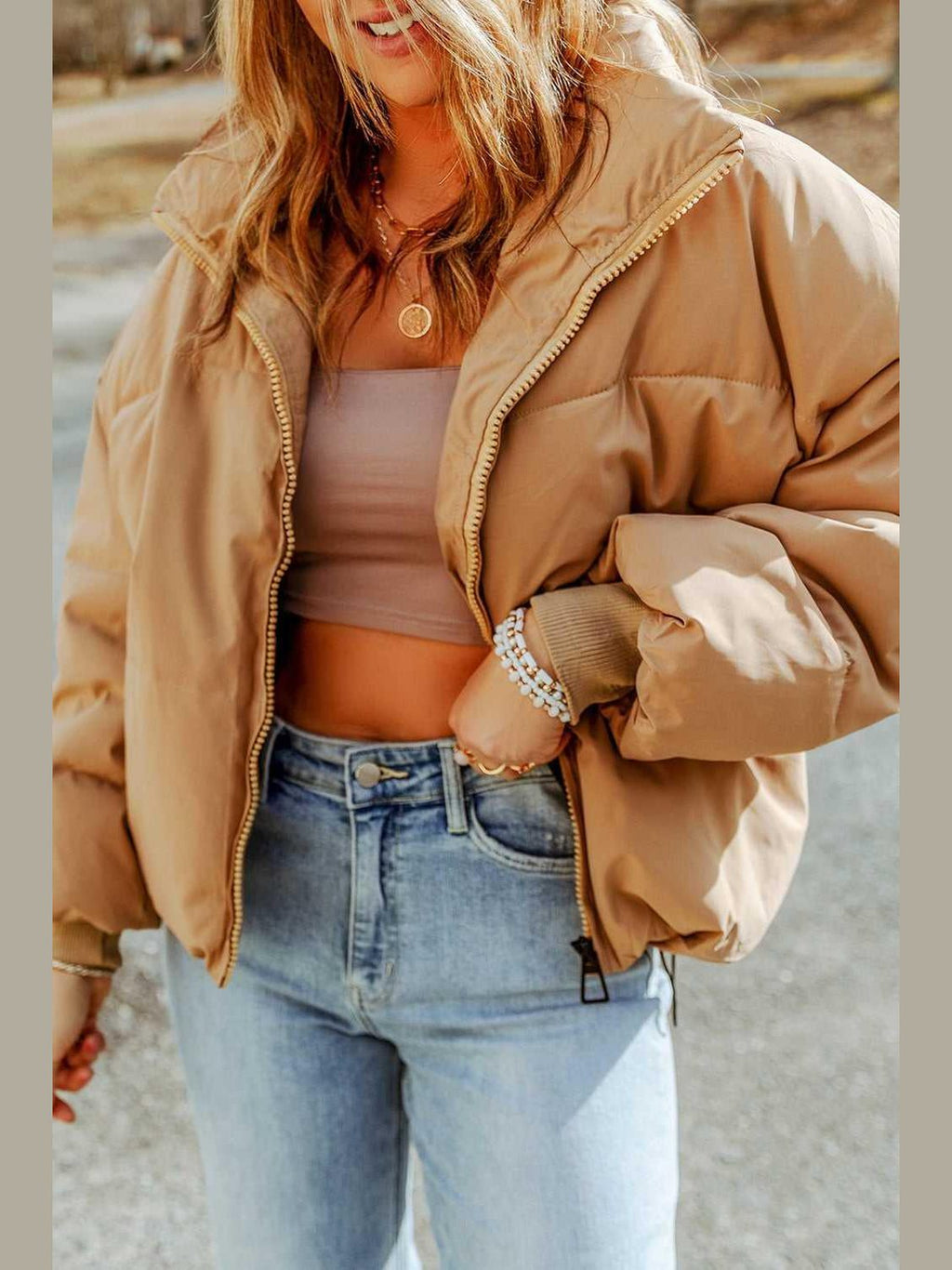 Zip Up Collared Neck Coat with Pockets -- 