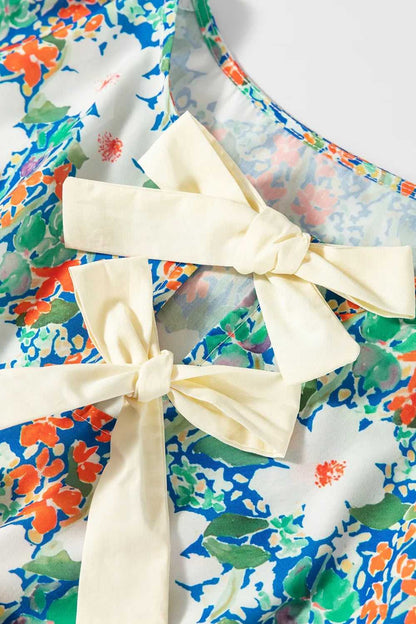 Floral Print Bow Applique Slit Sleeveless Peplum Blouse