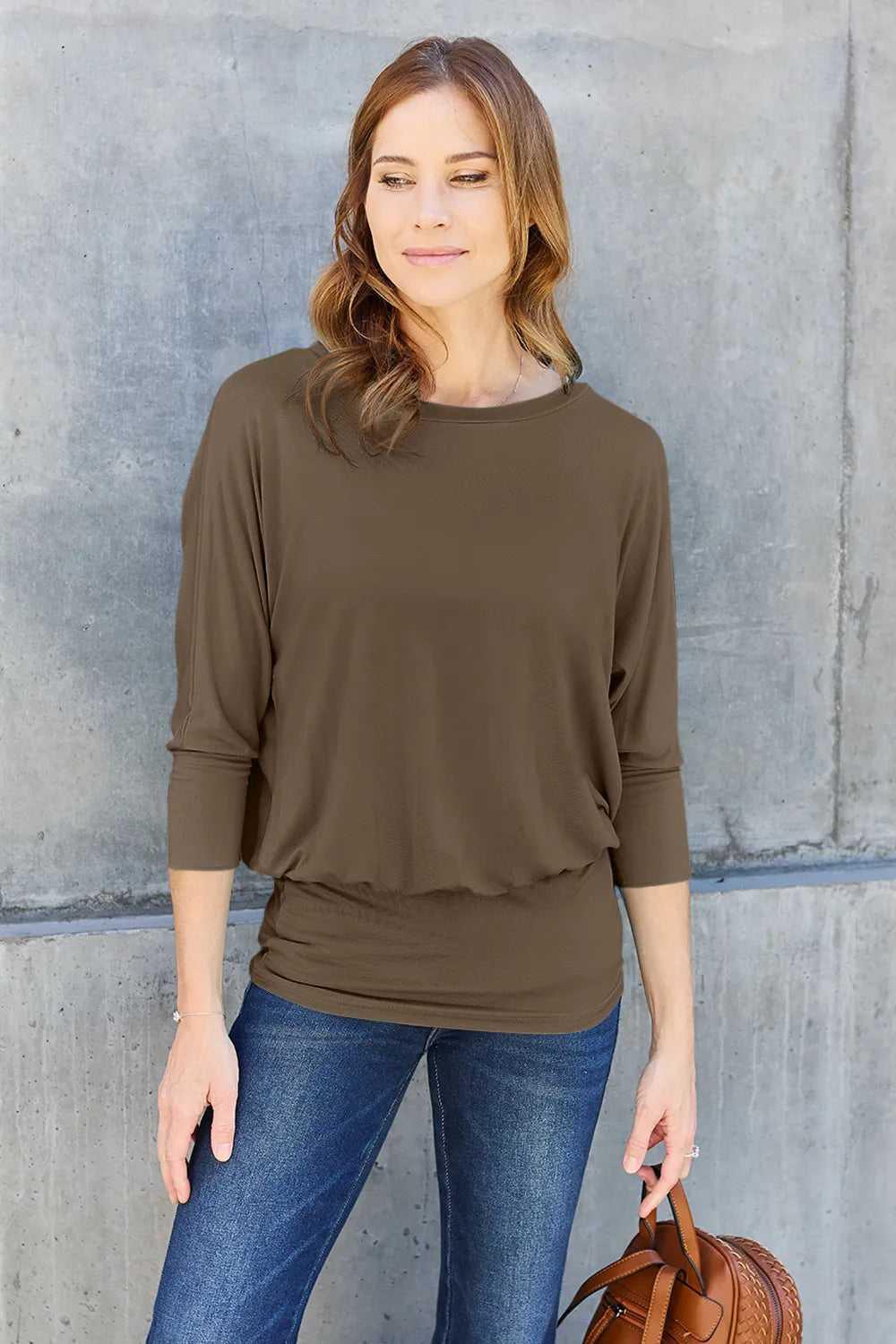 Basic Bae Full Size Round Neck Batwing Sleeve Top -- 