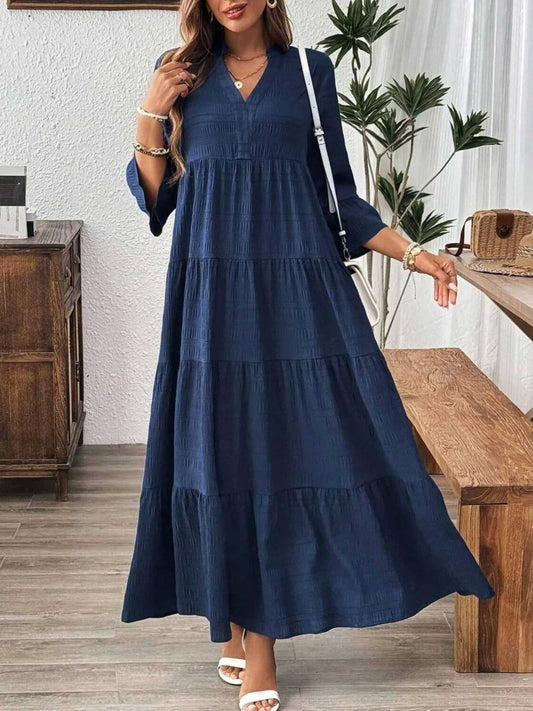 Tiered Notched Flounce Sleeve Maxi Dress