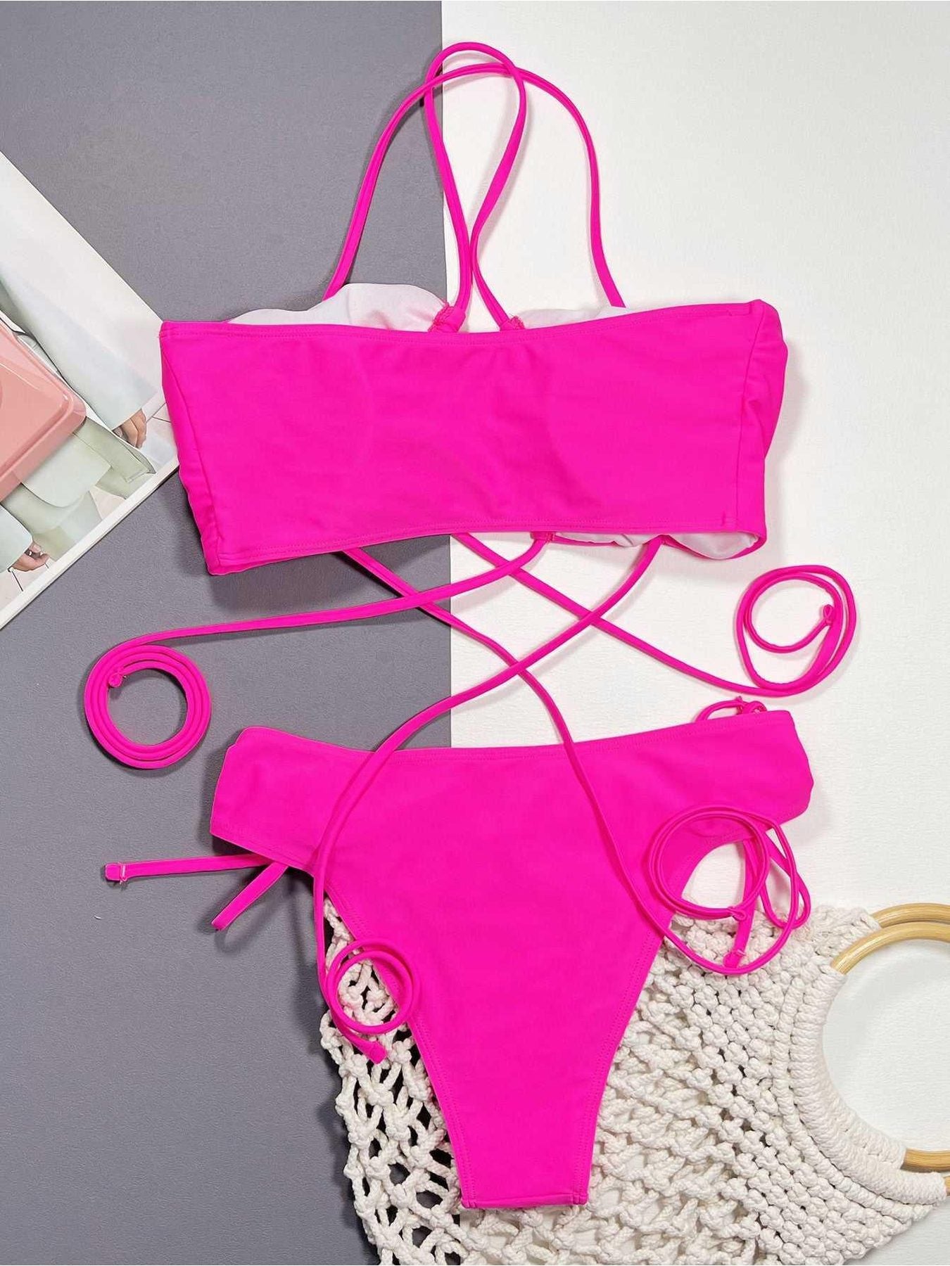 Halter Neck Drawstring Detail Bikini Set -- 