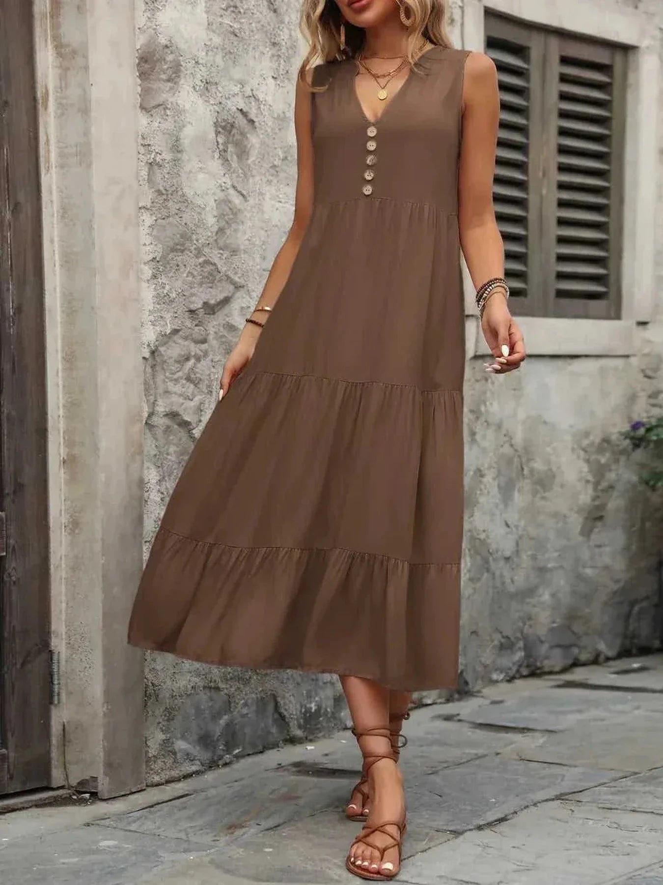 Ivy Lane Decorative Button Notched Sleeveless Dress -- 