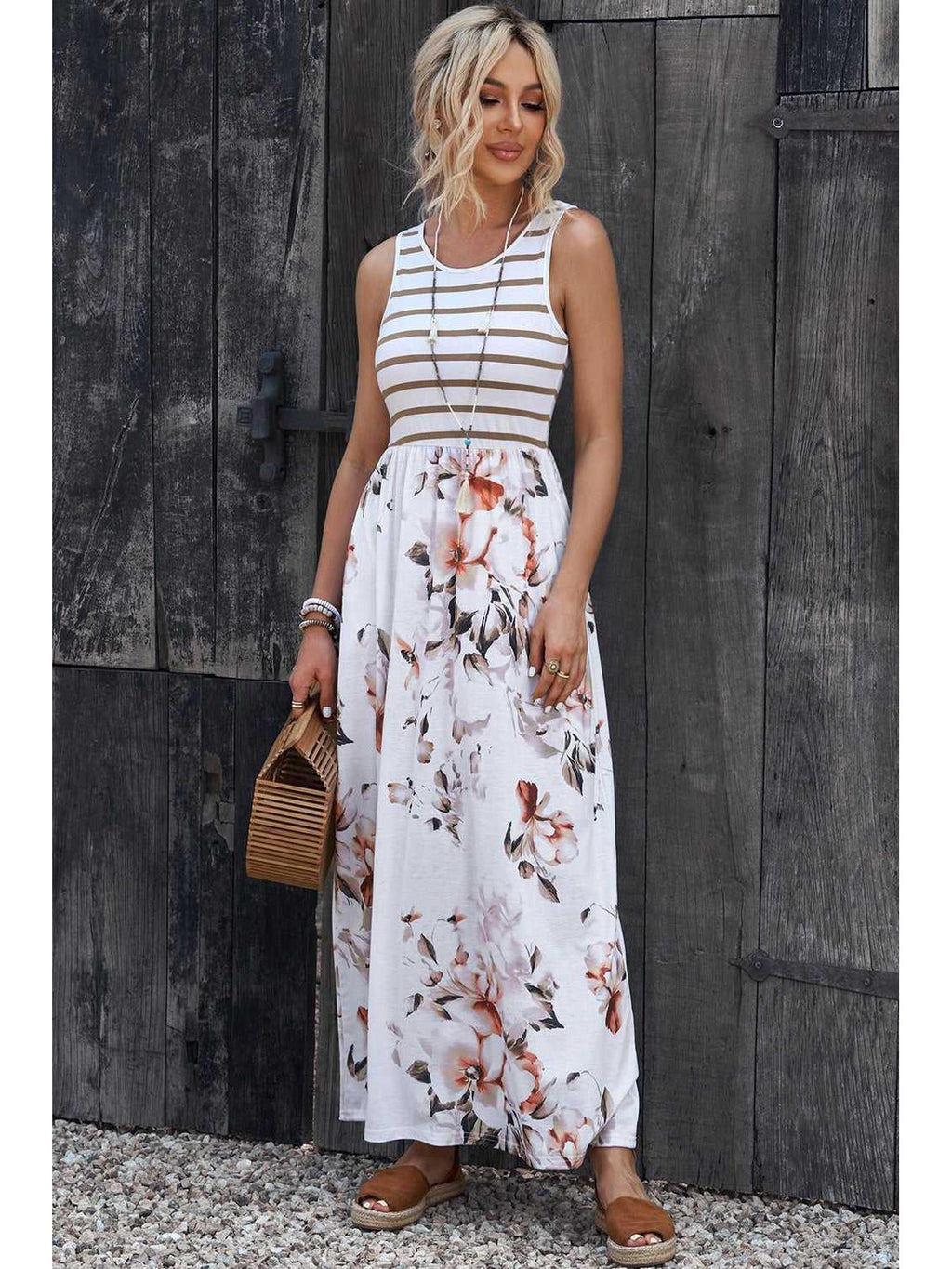 Striped Floral Round Neck Sleeveless Maxi Dress -- 