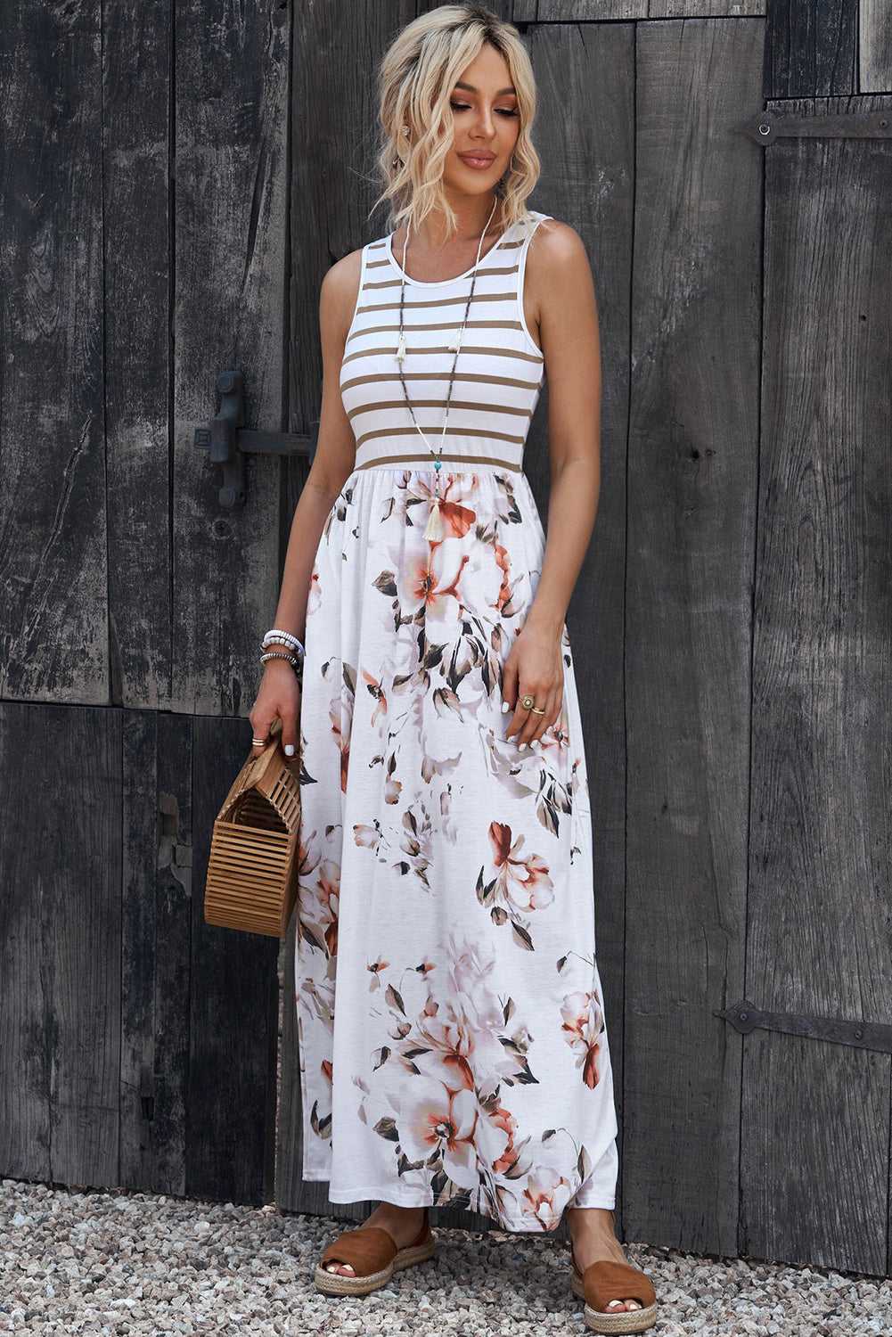 Striped Floral Round Neck Sleeveless Maxi Dress - product_type from hopeford-streams.myshopify.com