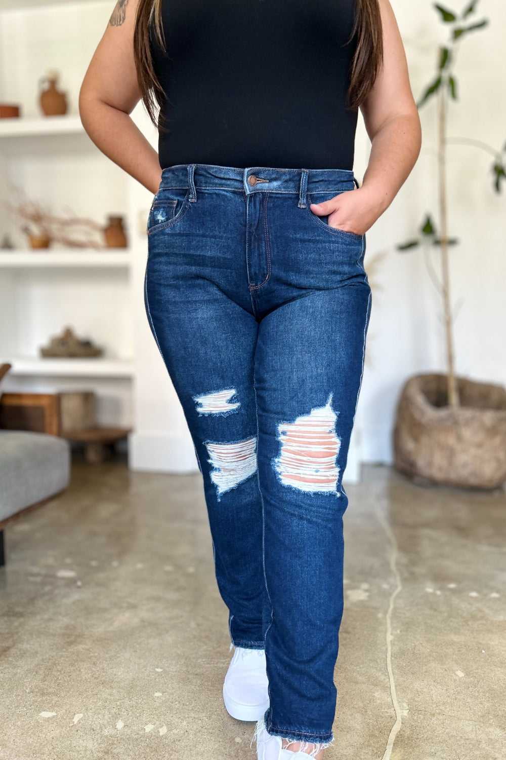 Judy Blue Full Size High Waist Rigid Magic Distress Straight Jeans