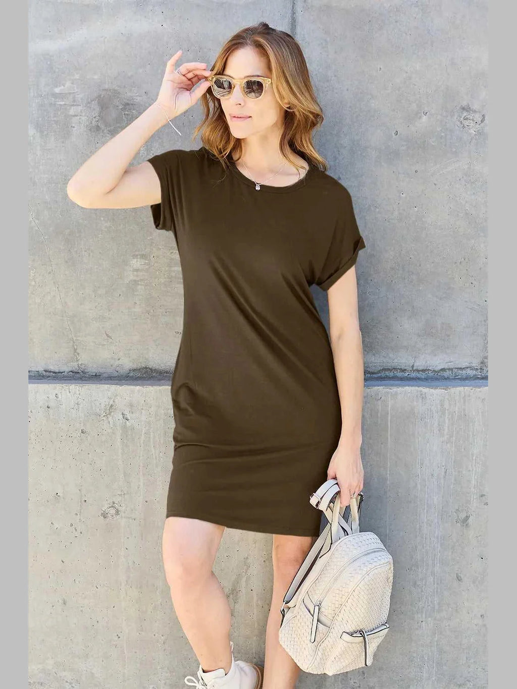 Basic Bae Full Size Round Neck Short Sleeve Dress with Pockets -- 