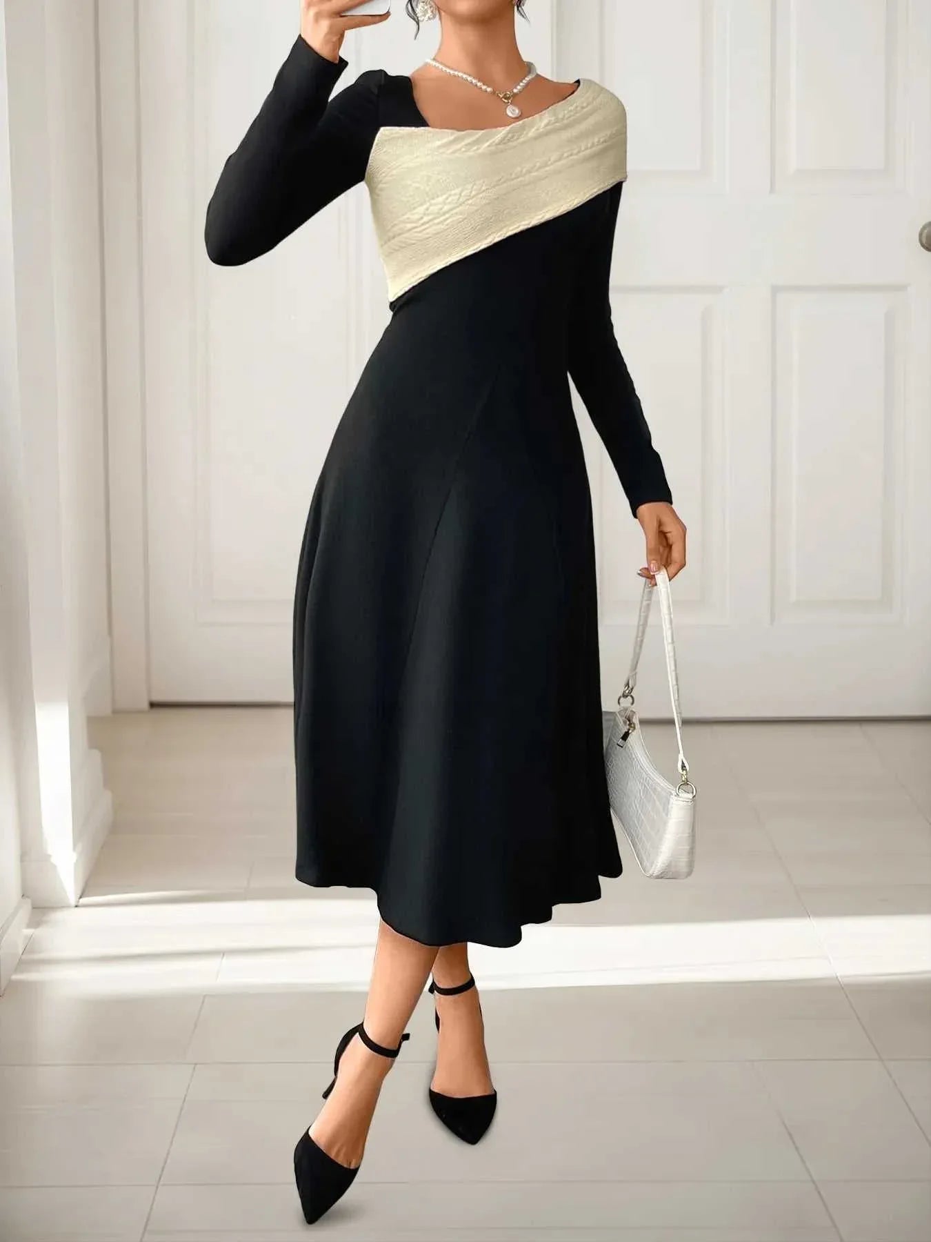 Asymmetrical Contrast Long Sleeve Dress -- 