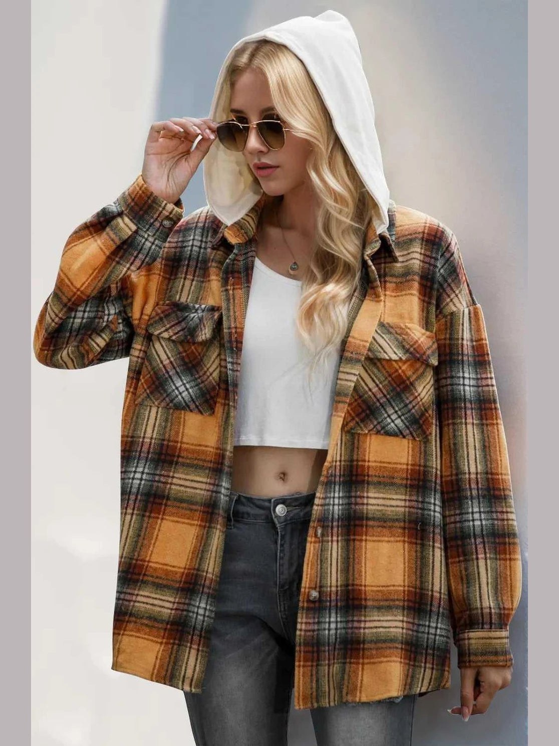 Double Take Drawstring Plaid Long Sleeve Hooded Shacket -- 